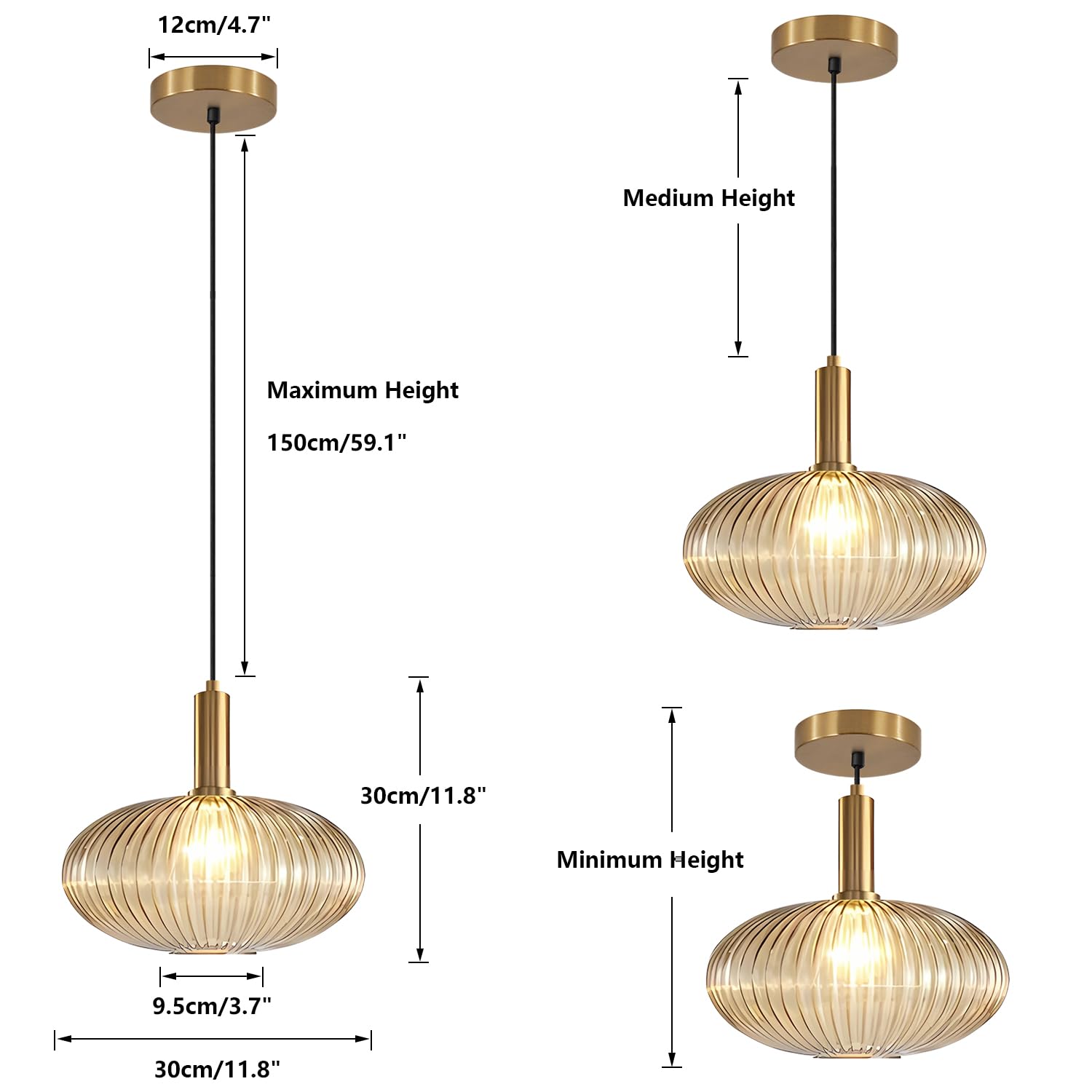 KCO Modern Gold Globe Pendant Lamp, 1-Light Antique Brass, Amber Glass, 30cm, Model L1143-A, Vintage Adjustable Ceiling Light