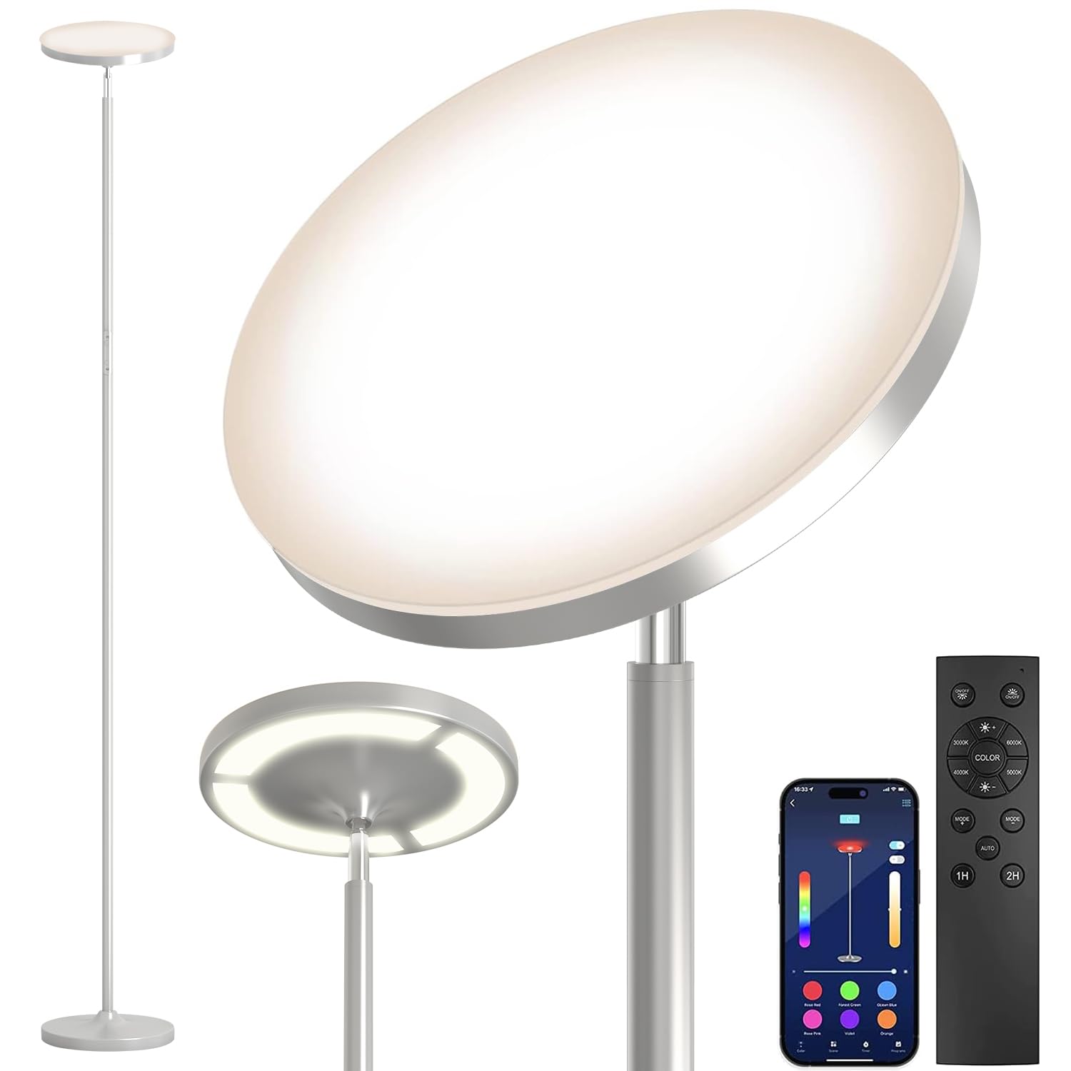 Keepsmile Silver Double Side Lighting Led Floor Lamp With Remote Smart App 36W 2600Lm Bright Tall Standing Rgb Floor Lamp Angle