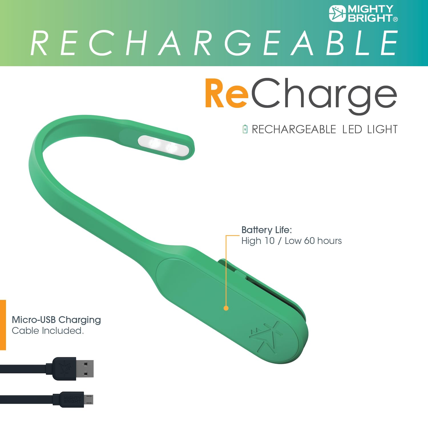 Mighty Bright Rechargeable Book Light - Warm LED, Flexible, Dimmable, Model 47014, Green