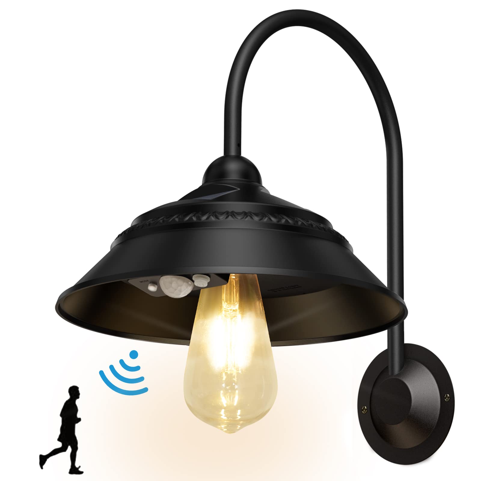 Ufelizor Solar Barn Light - Retro Wall Mount Sconce With 3 Modes, Motion Sensor, Waterproof, Black, Model Uf001