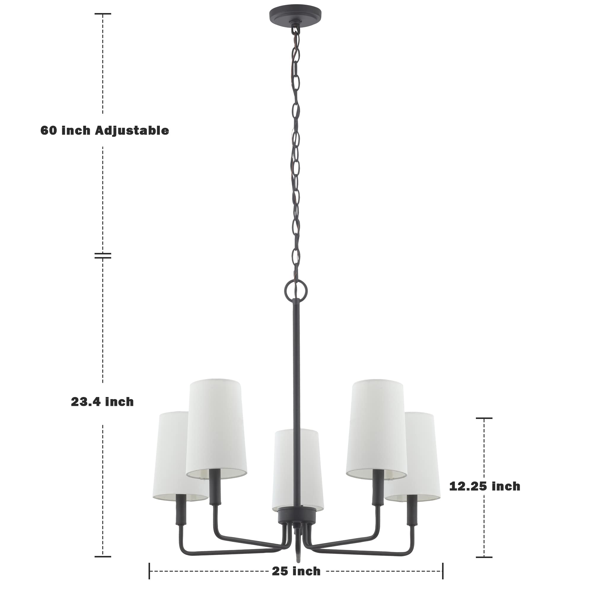 Homebelife Matte Black Chandelier - 5-Light Farmhouse Island Lighting Fixture with White Fabric Shades, Model HBL014