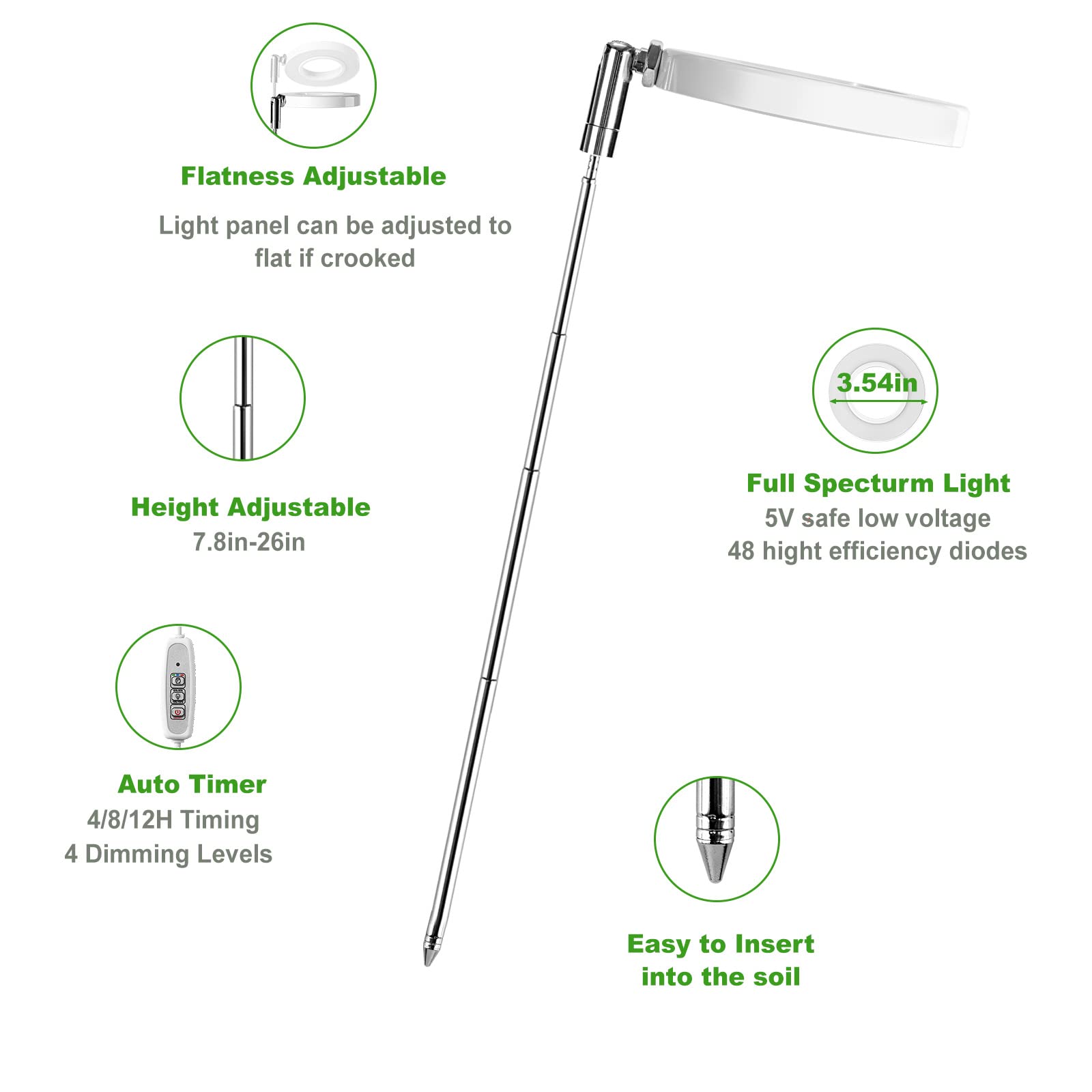 Lordem Grow Light, Full Spectrum Led Plant Light For Indoor Plants, Height Adjustable Growing Lamp With Auto On/Off Timer 4/8/12H, 4 Dimmable Brightness, Ideal For Small Plants