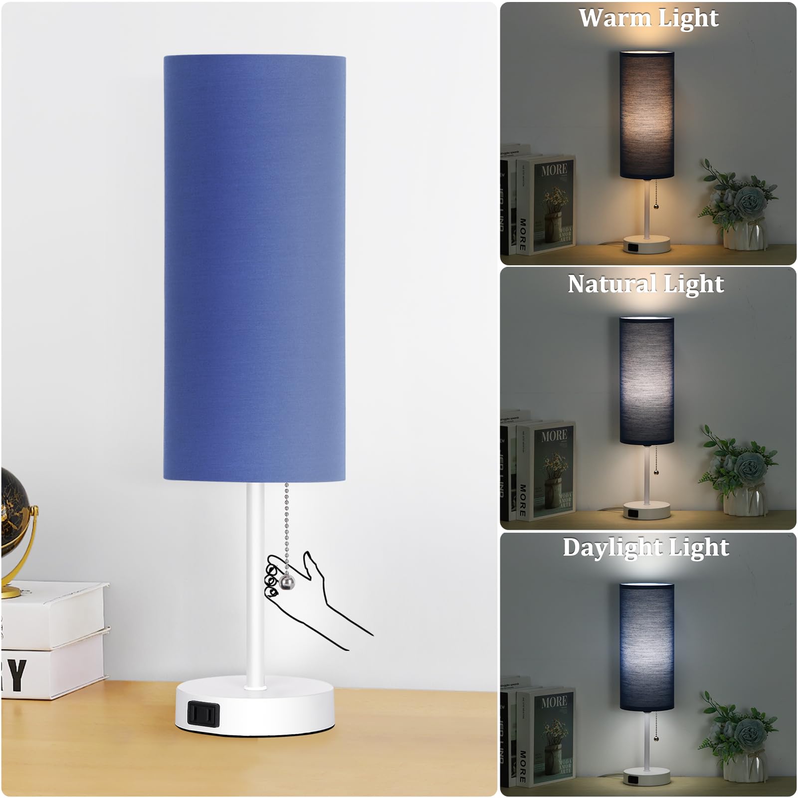 Dott Arts 18in Table Lamp for Bedroom, Blue-White Plastic, Pull Chain, Model RD-PTL6W-005, Bulb Included