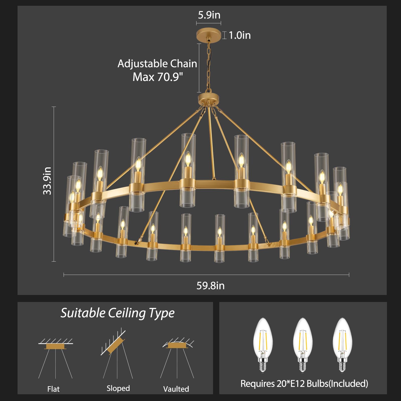 Gold Wagon Wheel Chandelier, 60 Inch Chandeliers With Glass Shade, 20 Light Chandelier For High Ceiling, Modern Farmhouse Chande