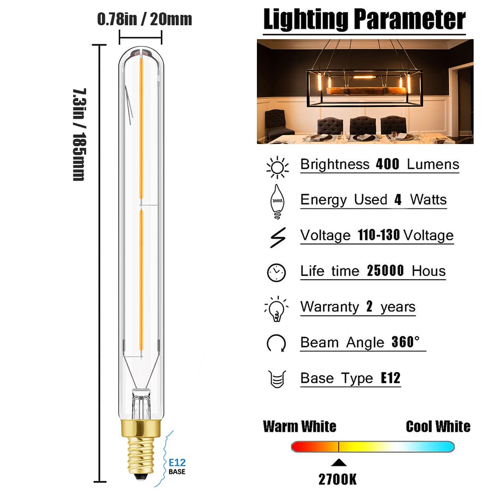Leools E12 Led Long Bulb,7.3Inch Long Tubular Light Bulbs,T6 B11 Candelabra Bulb 40 Watt For Chandeliers,Clear Glass,Warm White,