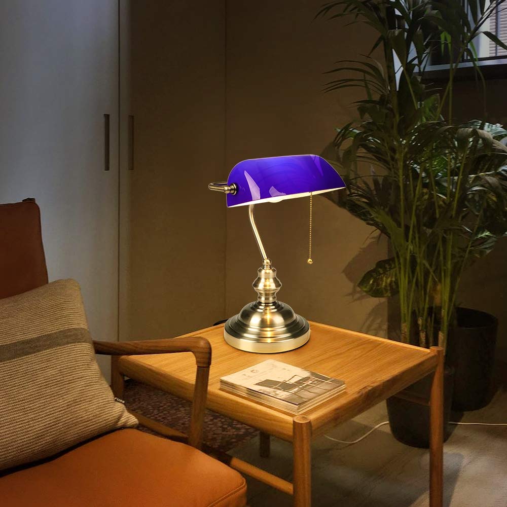 FIRVRE Blue Glass Bankers Desk Lamp, Bronze Finish, E26 Pull Chain, Model B006 for Home Office, Bedroom, Library