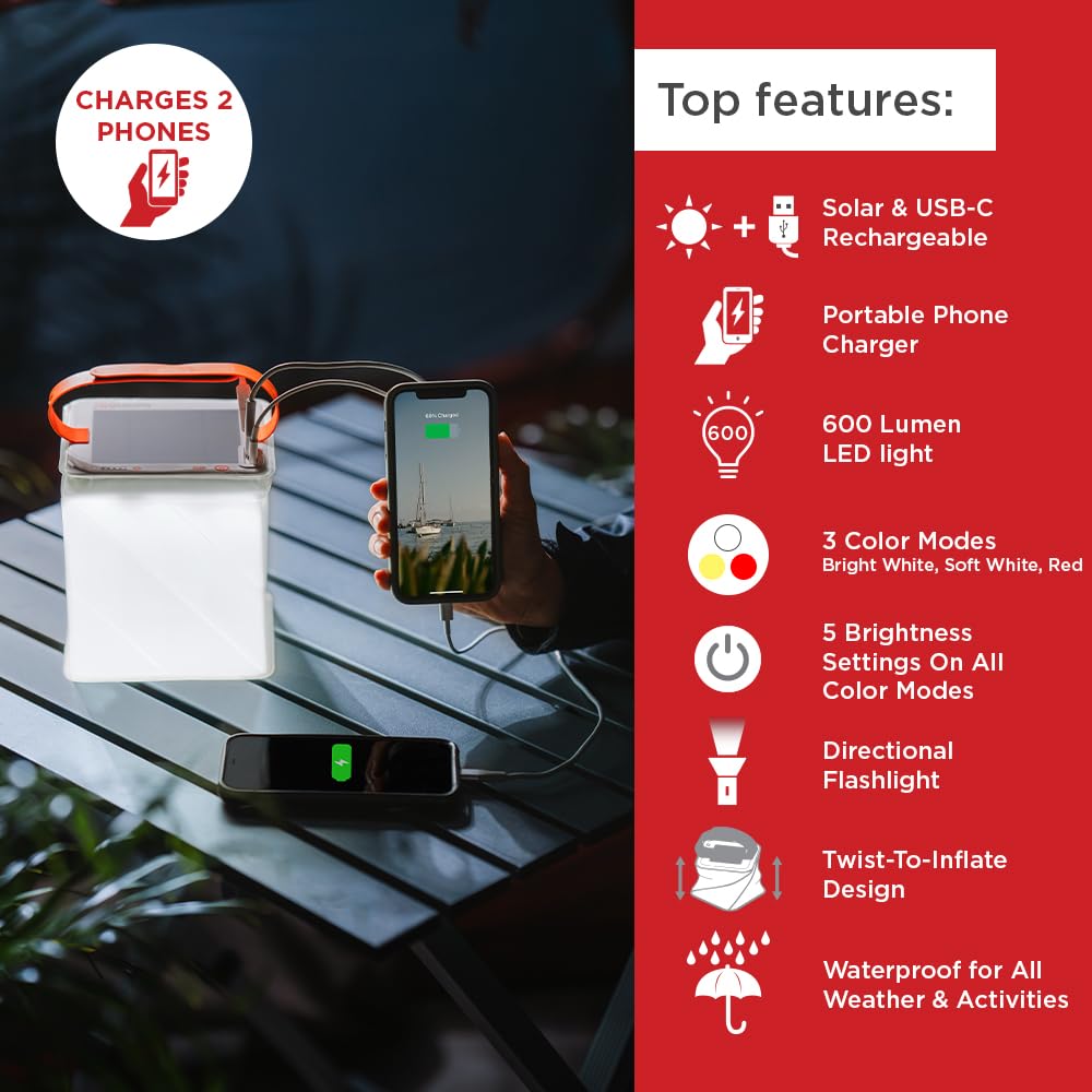 LuminAID Survivor Solar Lantern - Inflatable LED Light with Dual Phone Charger - Emergency Camping Light - Model 0196-0350 - White