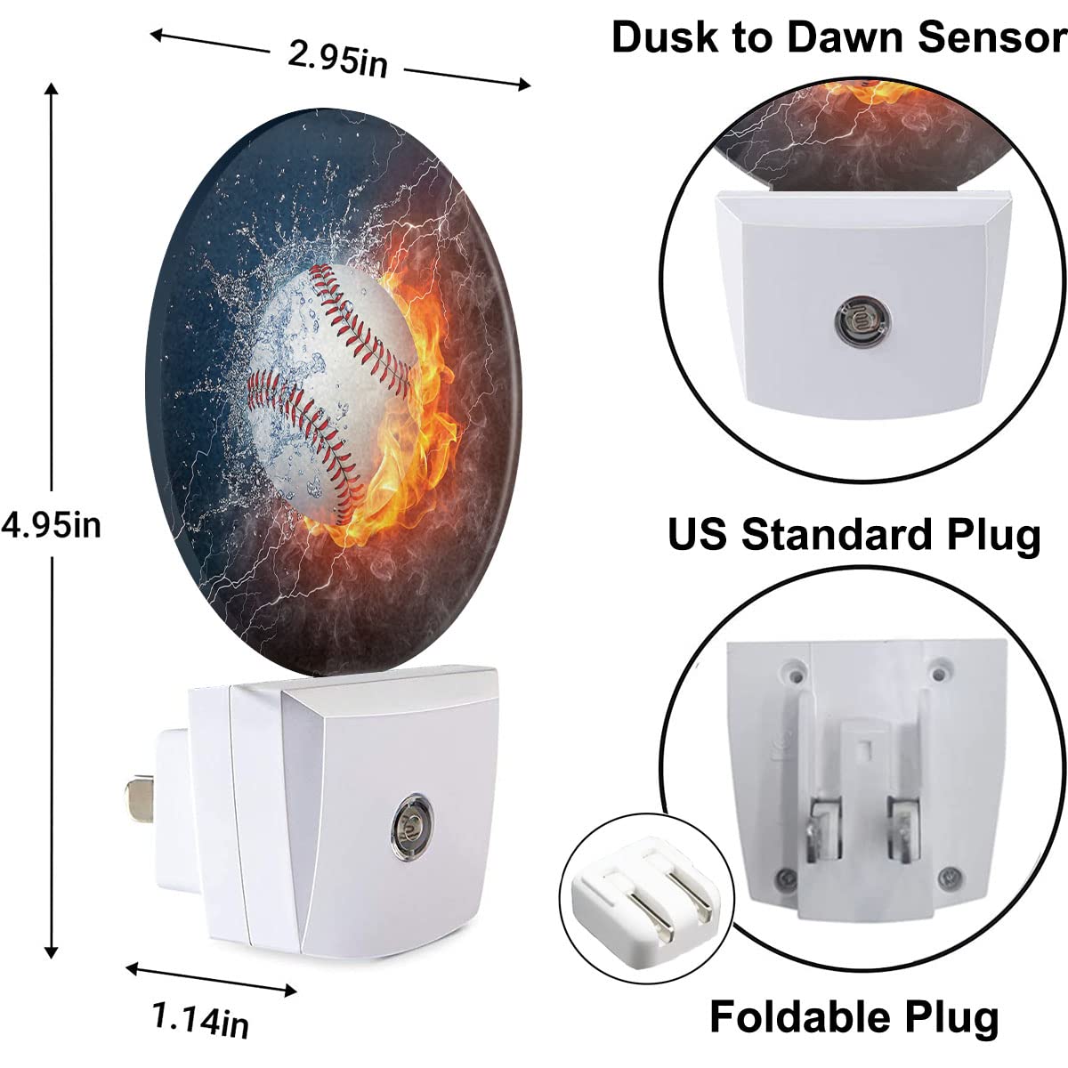 Uanvaha Sport Night Lights Plug Into Wall Baseball Ball In Fire And Water Night Light Dusk To Dawn Sensor Led Lamp For Bedroom B