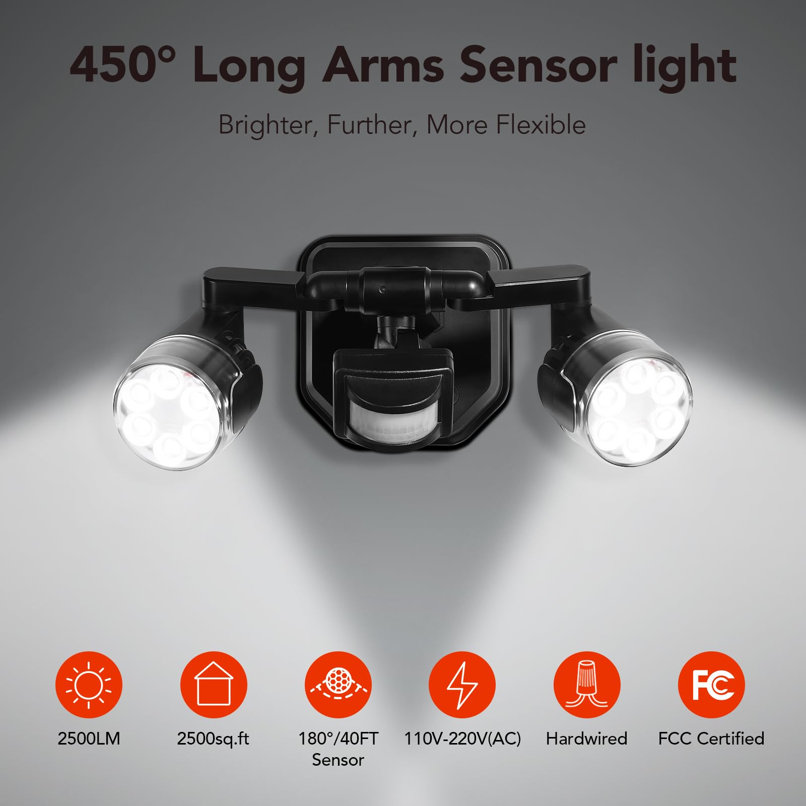 OREiN 450° Adjustable Outdoor Security Light, 2500LM, 3 Joints, Motion Sensor, IP65 Waterproof, Black, Model OL3600140