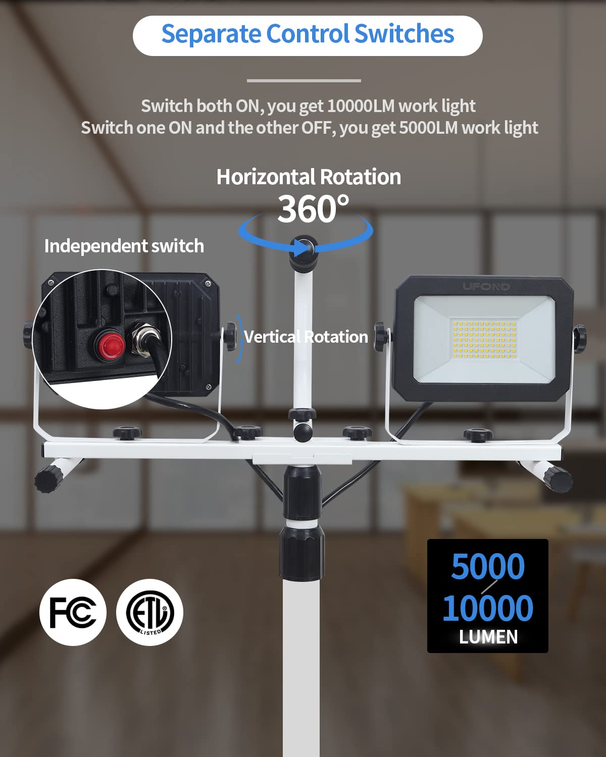 Ufond 10000 Lumen Led Work Light With Stand,Detachable Waterproof Dual Head Work Lights,Individual Switch Floodlight With Telescopingtripod,Work Lamp With Power Cord For Construction Site
