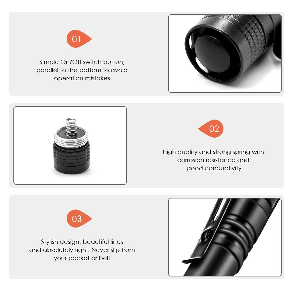 enjoydeal 5PCS Ultra Slim LED Pen Light Flashlight 1000LM Black Aluminum Torch, Model SGAA329B, Powered by 2x AAA Batteries