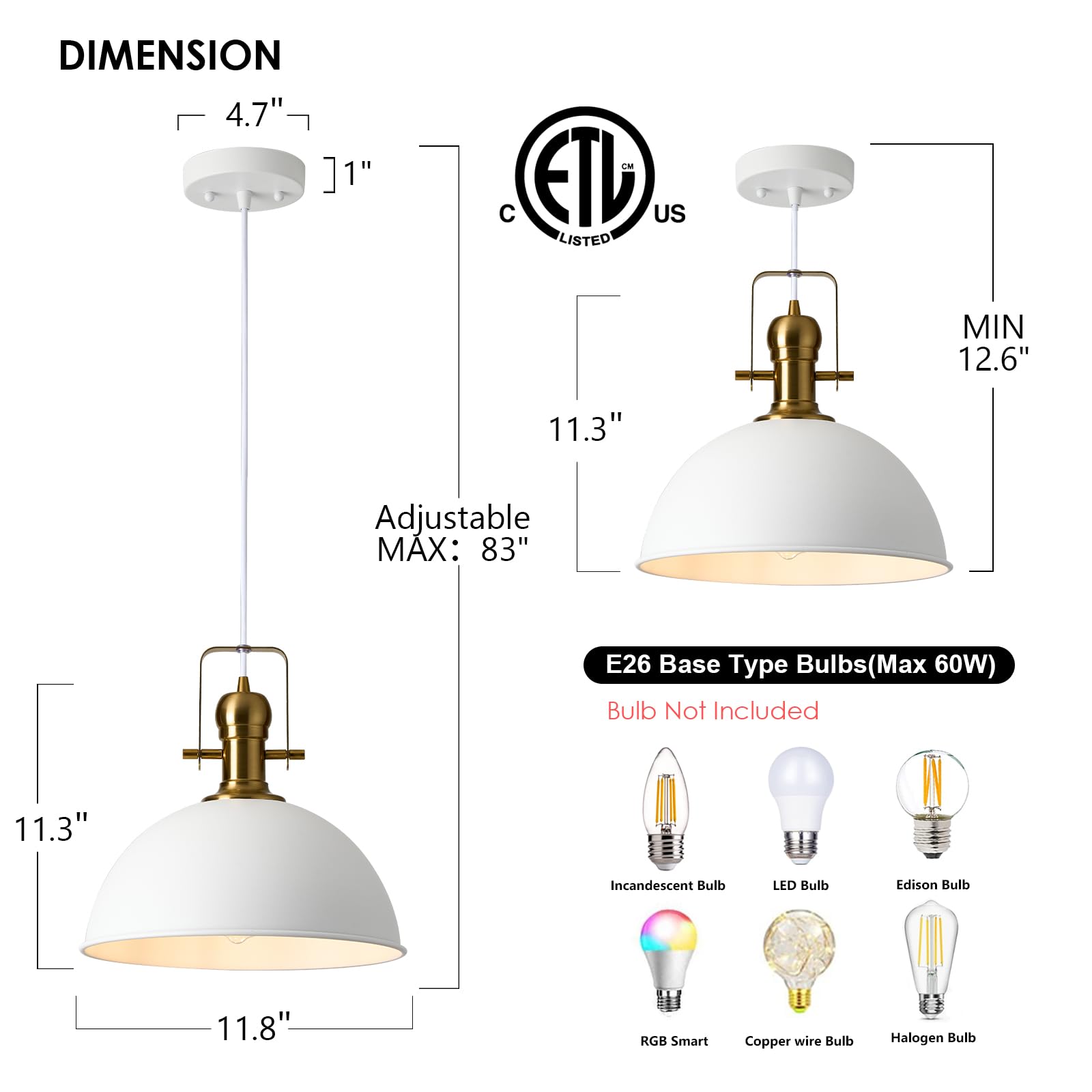 ALAISLYC 12" Sandy White Farmhouse Pendant Light, Metal Vintage Dome Fixture, Adjustable Height, 3 Packs for Kitchen Island, Dining Room