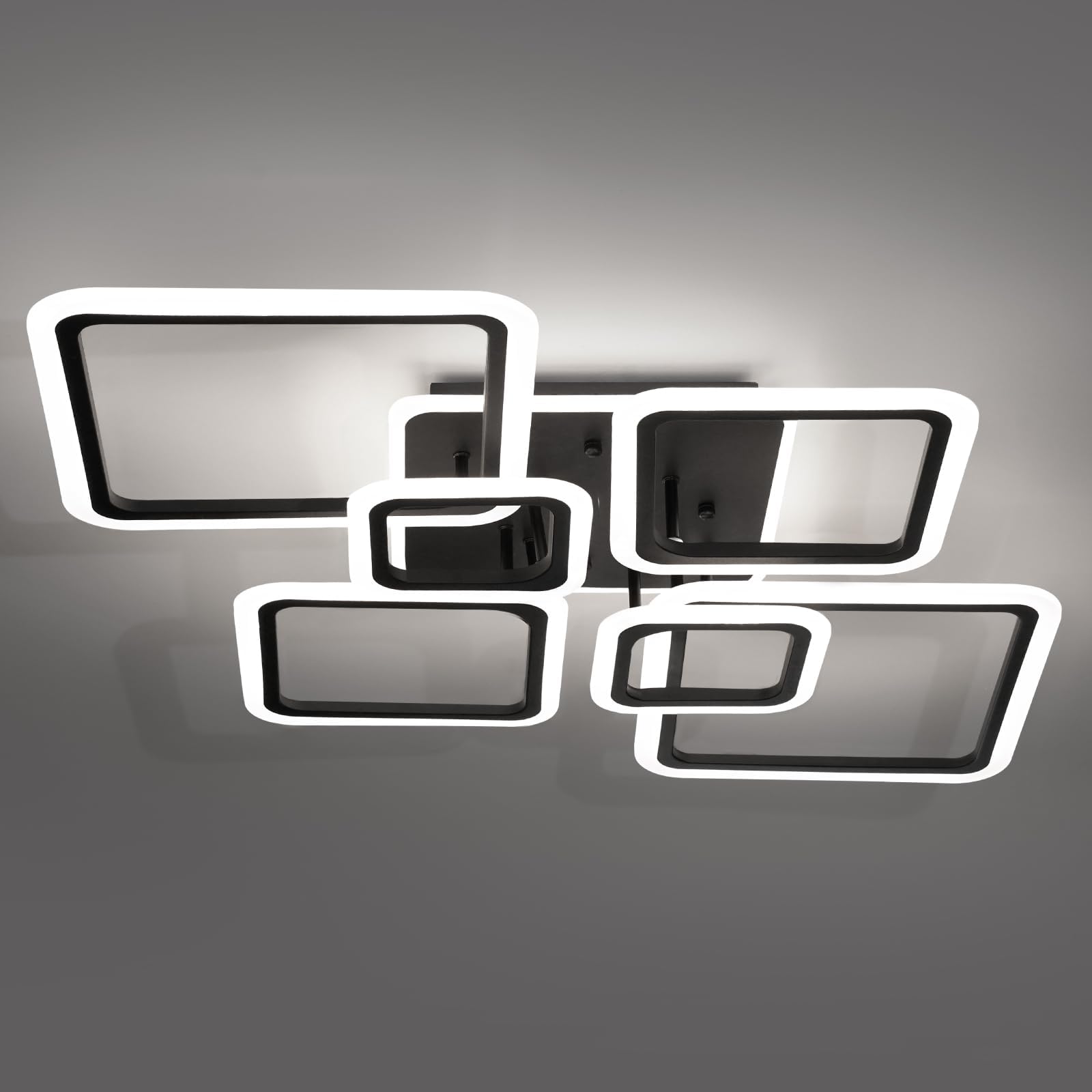 Modern Ceiling Light, 40.2'' LED Dimmable Acrylic Square 6+1 Rings Ceiling Lights with Remote, Black Flush Mount Ceiling Light F