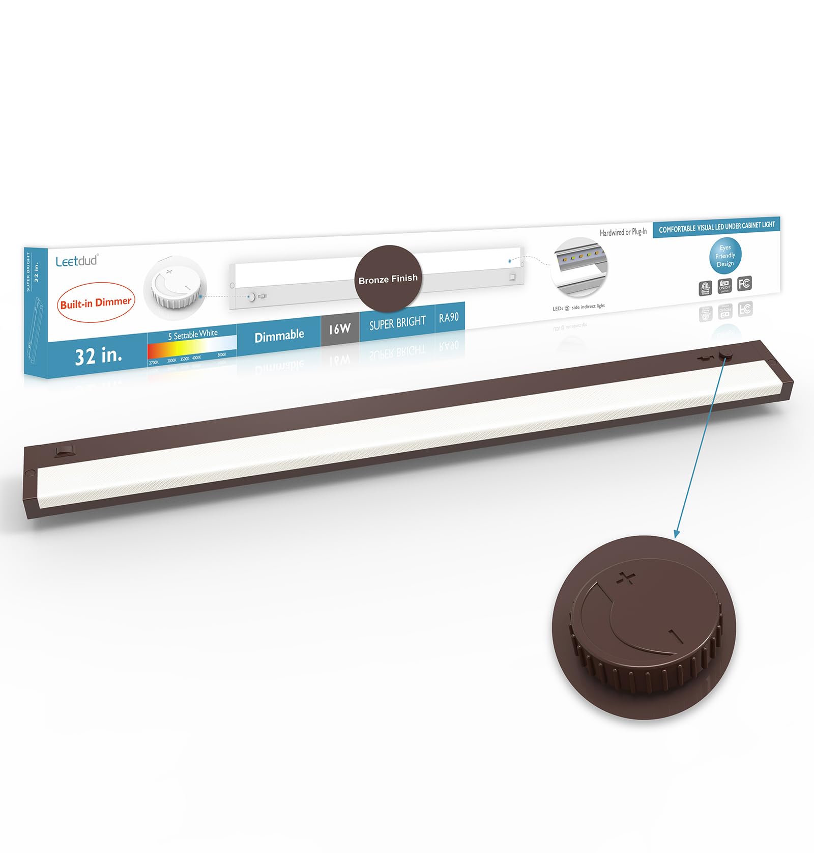 Leetdud LED Under Cabinet Lighting, 32 Inch, 16W Dimmable, 5 Color Options, Bronze, Aluminum, Model AirKitPro-3216WU-PWM-TC
