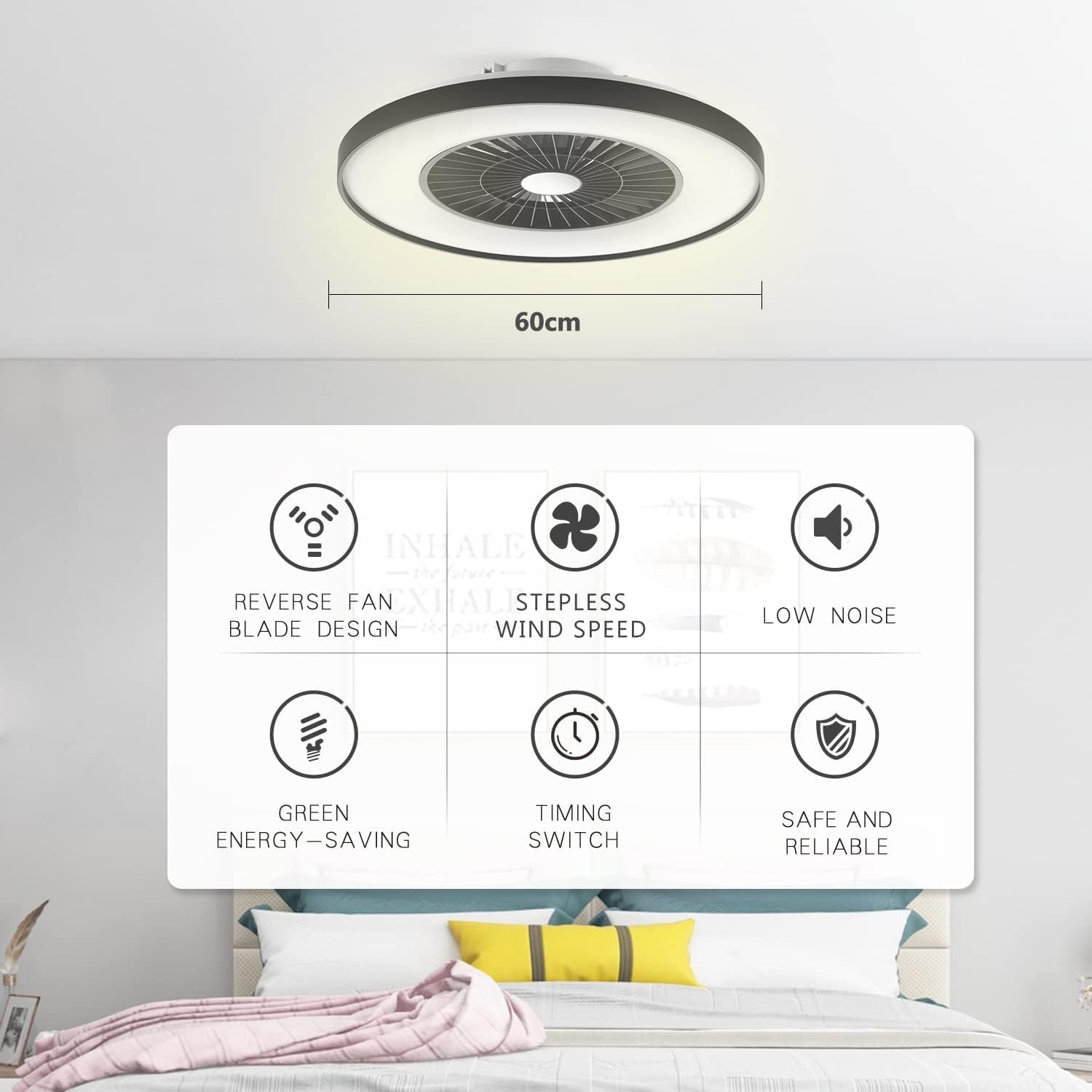 BKZO Smart LED Ceiling Light with Fan, RGB, 60CM, Black, Model 323115-7-RGBCW, Stepless Dimming, Alexa Compatible