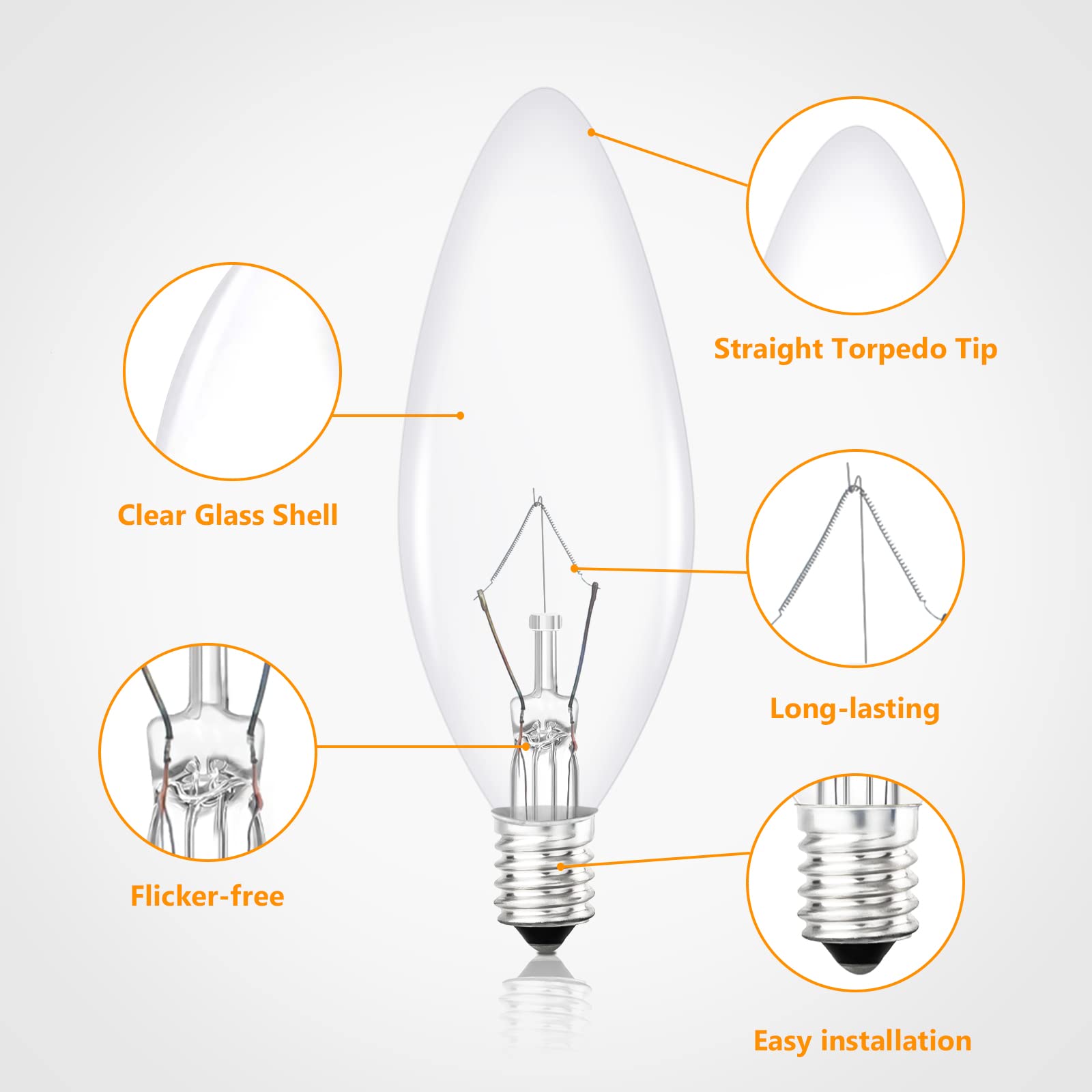 Brightever Vintage Incandescent Light Bulbs, 40W B10, 380 Lumens, Clear Dimmable E12, Warm White, 12-Pack, Glass, C32 Model