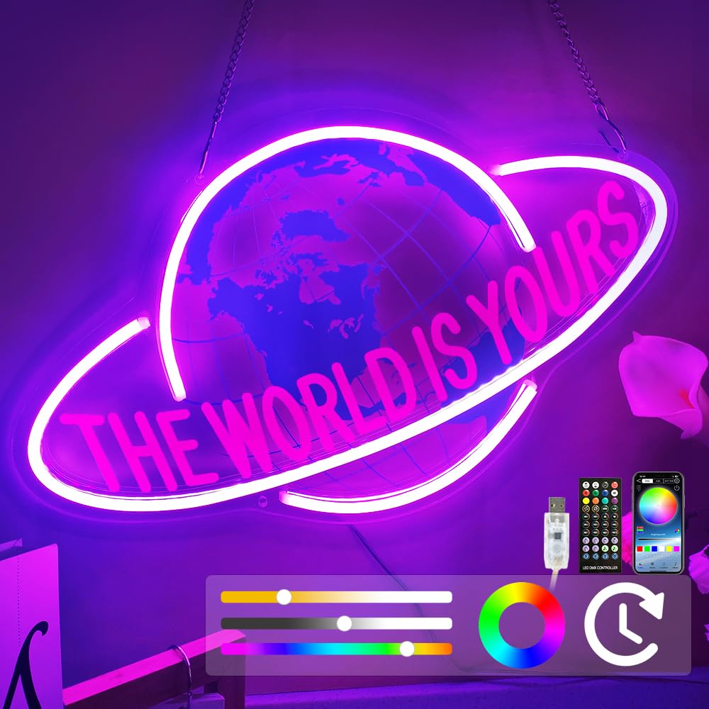 The World Is Yours Neon Sign - Custom Timer Multicolor The World Is Yours Sign - Switch/APP/Remote Control Planet LED Sign - Pla