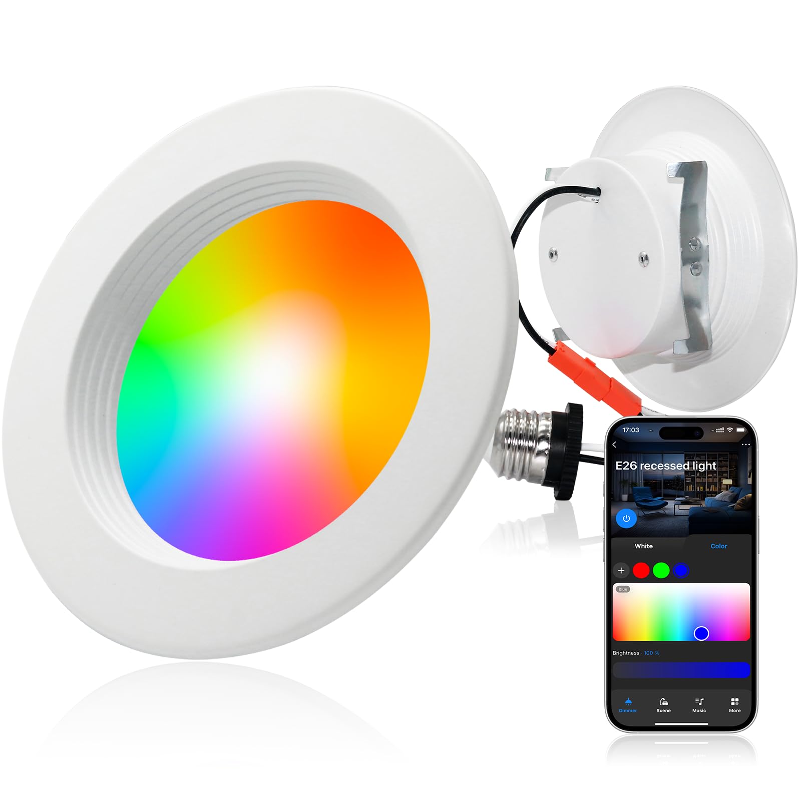Peteme E26 Retrofit LED Recessed Lighting 4 Inch, IC Rated ETL Certified Smart Can Light Baffle Trim Style, RGBCW Dimmable Color