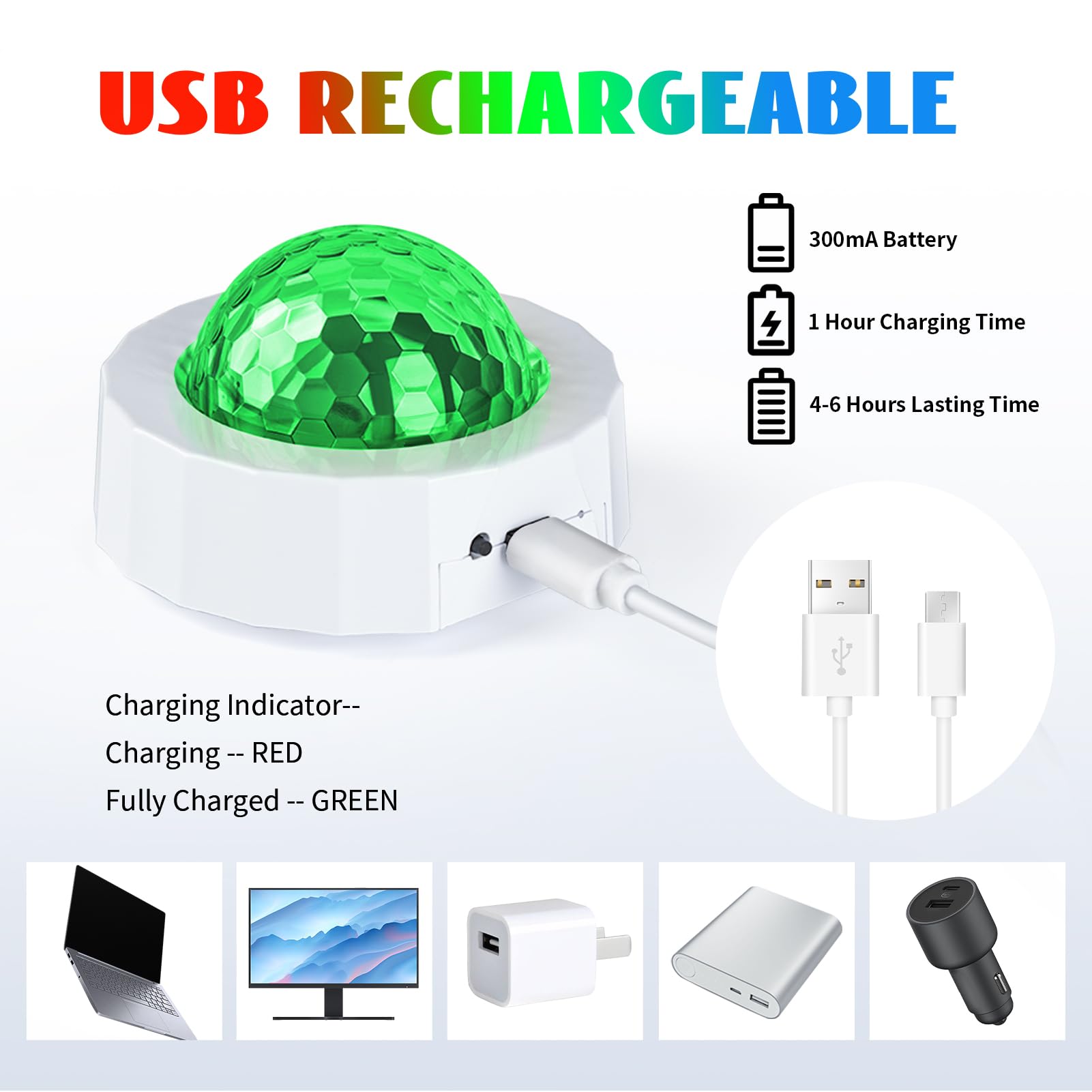 ASFSKY Car Disco Ball Light - Rechargeable, Sound Activated, PVC, Mini Size, Model D36, White