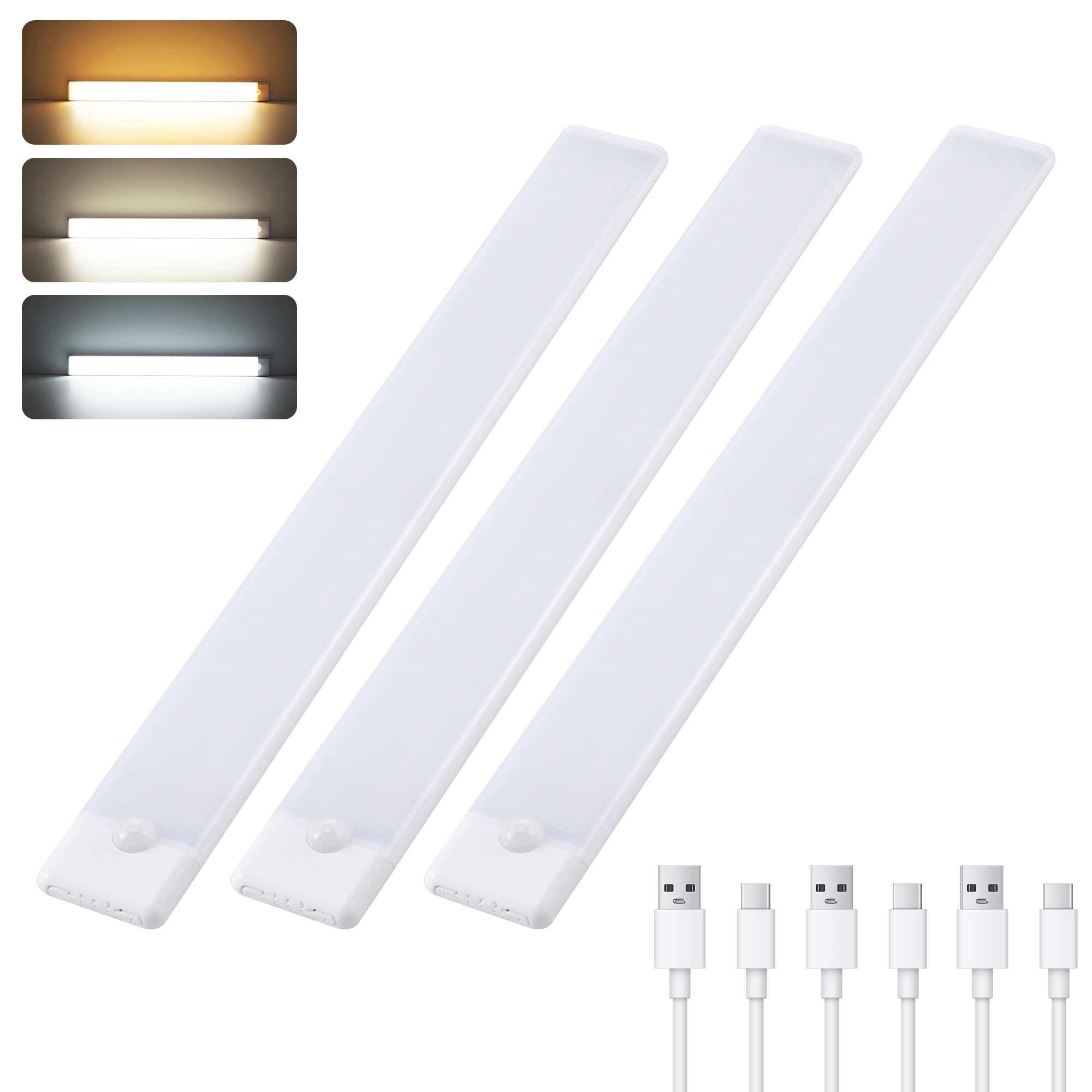 Wireless Under Cabinet Lighting 12 Inch 3 Pack, 1500mAh Magnetic Motion Sensor Light USB C Rechargeable Closet Lights, 3 Color D