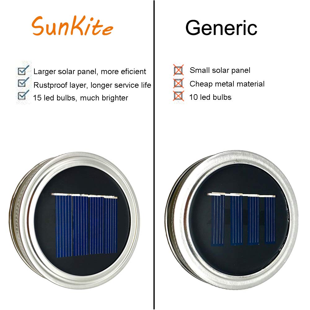 SunKite Solar Mason Jar Lights, 8 Pack 15 LED Waterproof Fairy Lights, Cool White for Patio, Yard, Garden, Wedding Decoration