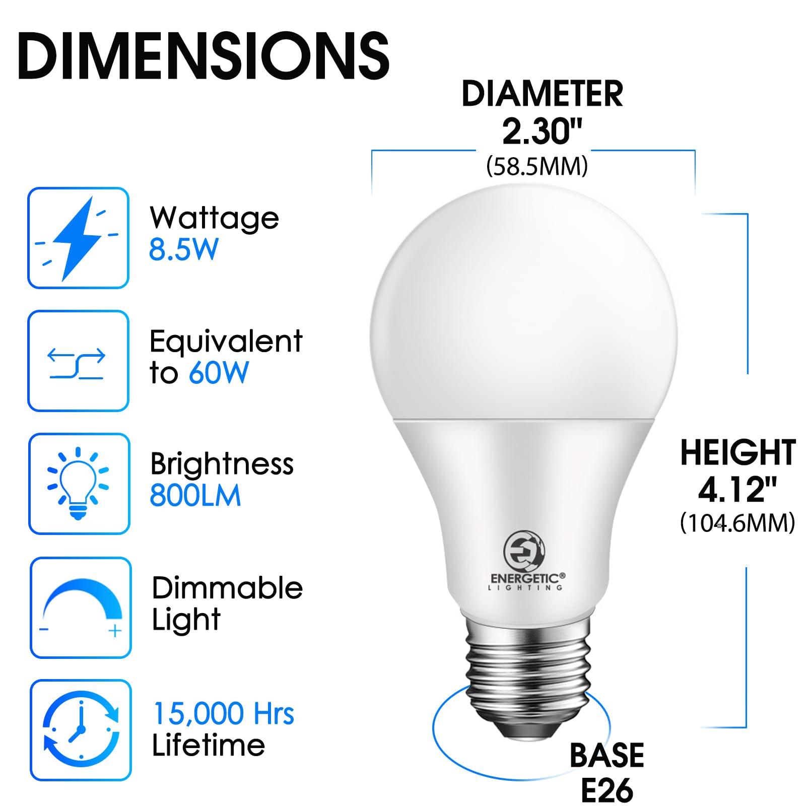 E Energetic Lighting Dimmable Led Light Bulbs, 60W Equivalent, Soft White 2700K, 8.5W 800 Lumens Led Bulbs, E26 Base Standard Li