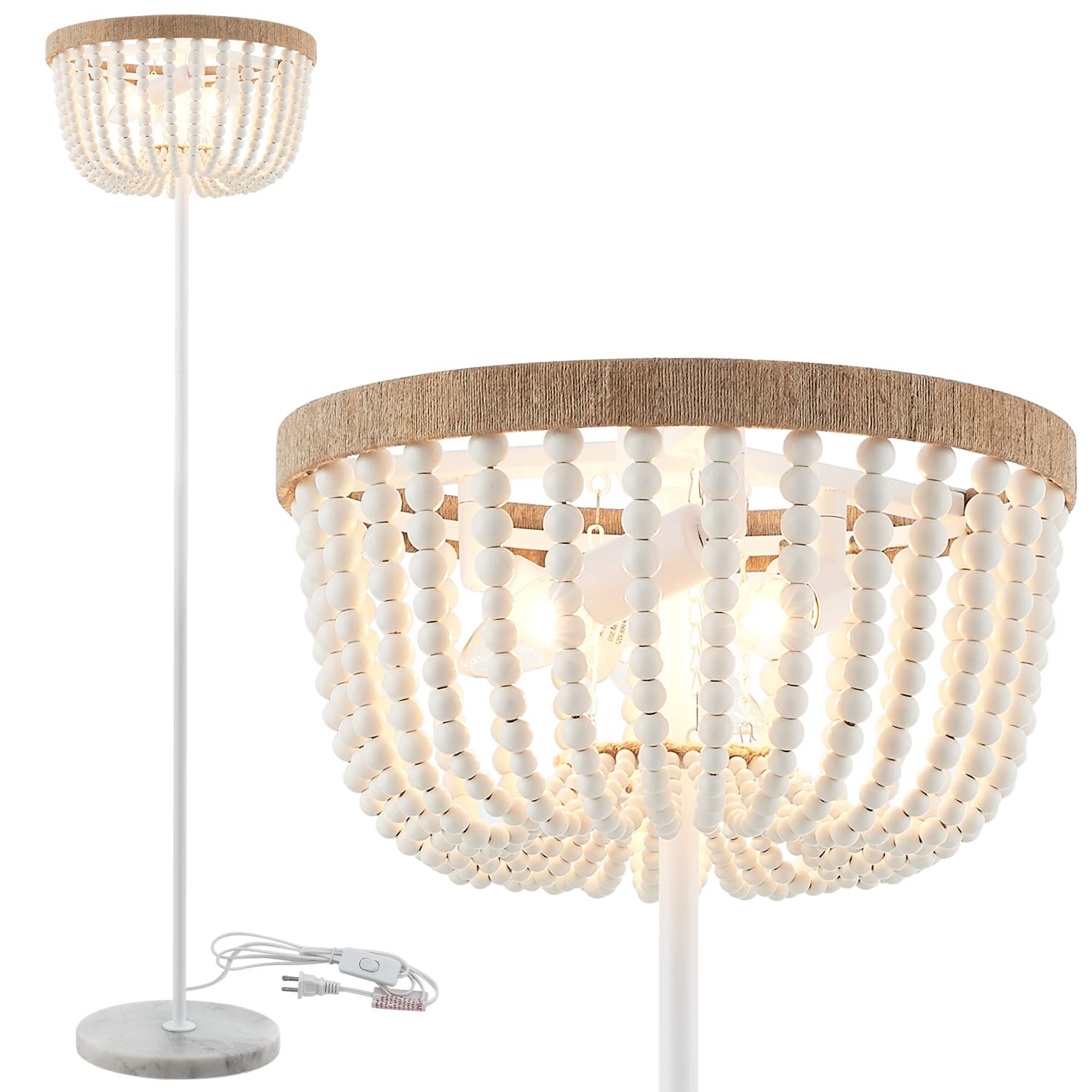 Viluxy Boho Floor Lamp With White Wood Beaded Shade For Bedroom, Living Room, Girl Room 3-Light