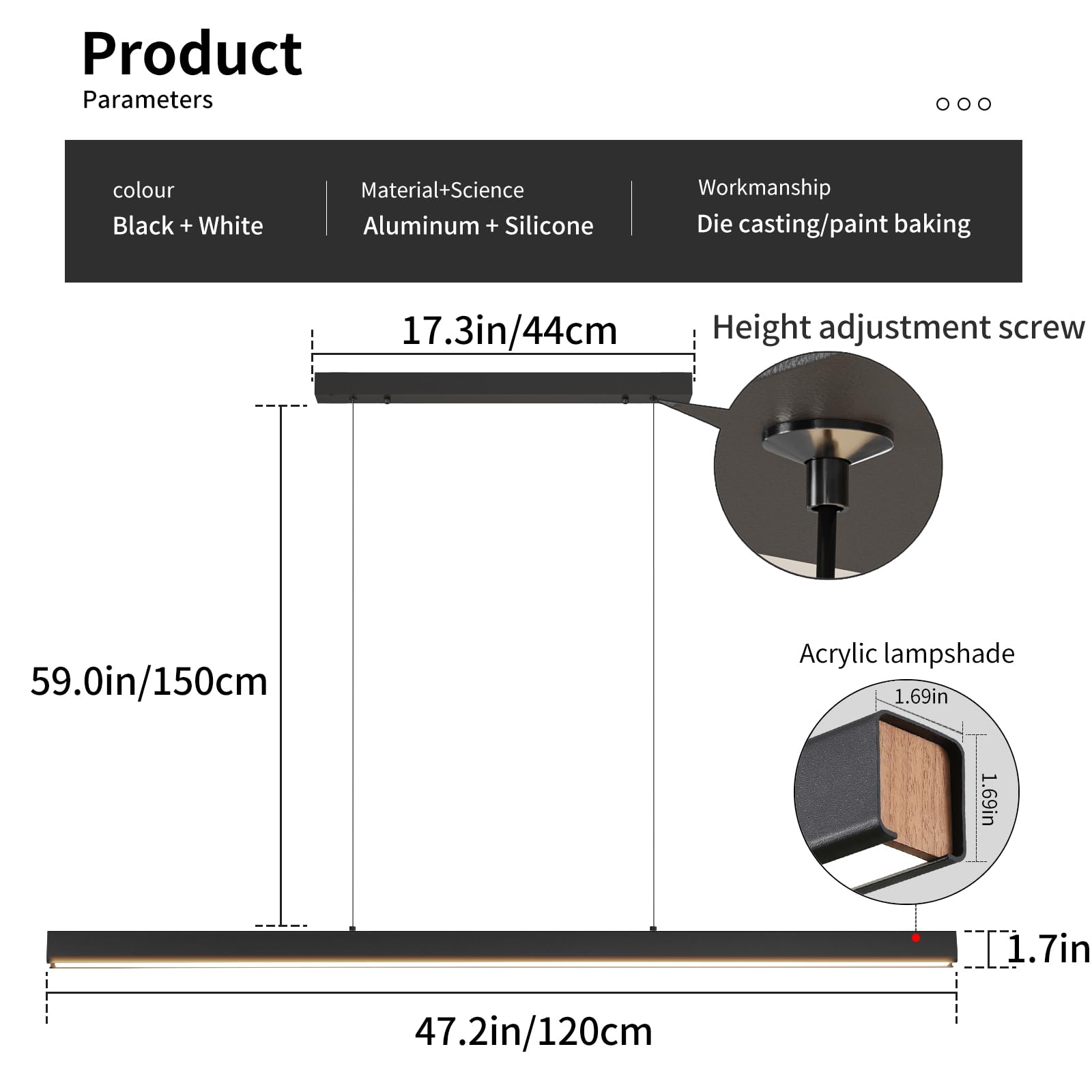 47'' Led Linear Pendant Light Fixtures, 25W Dimmable Pool Table Light With Remote, Modern Island Lights For Kitchen Dining Room