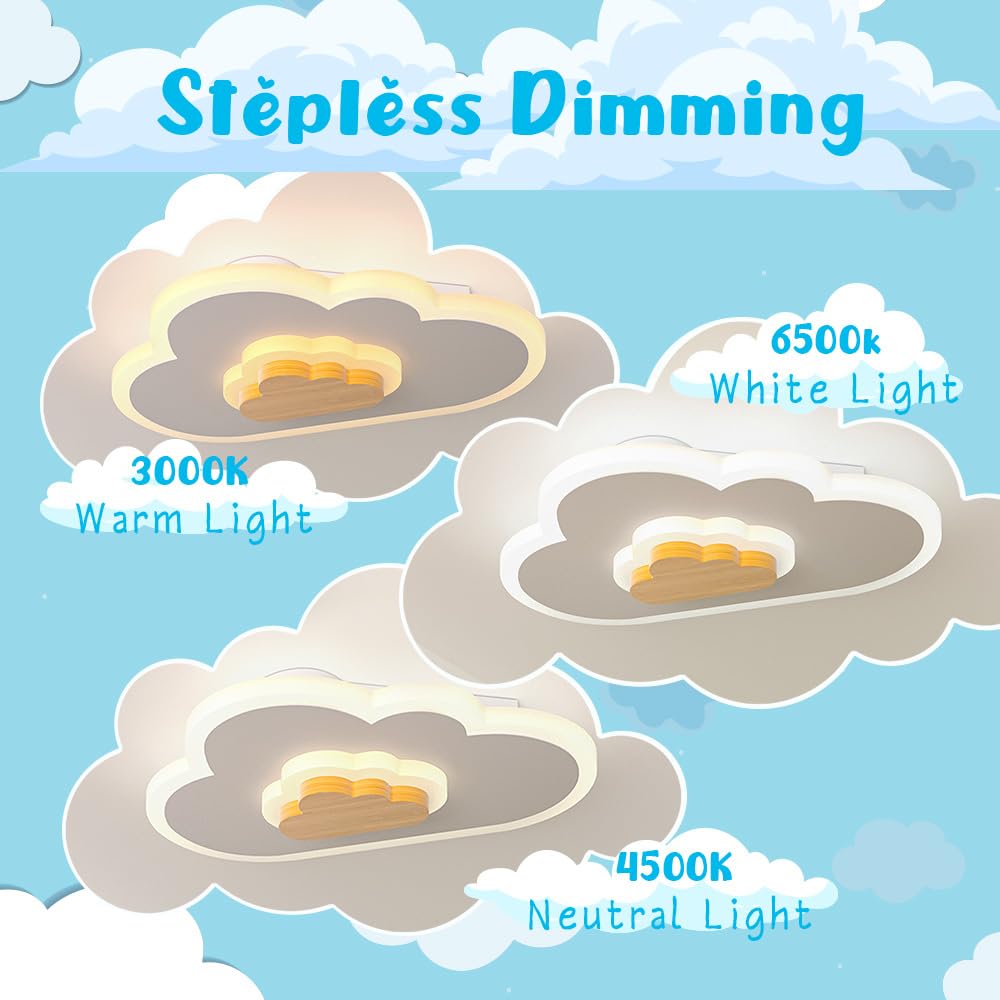 Led Ceiling Light 26W Wood Cloud Cartoon Kids Ceiling Light 15.74In Kids Room Light Fixtures Ceiling Mount 3000-6500K With Night