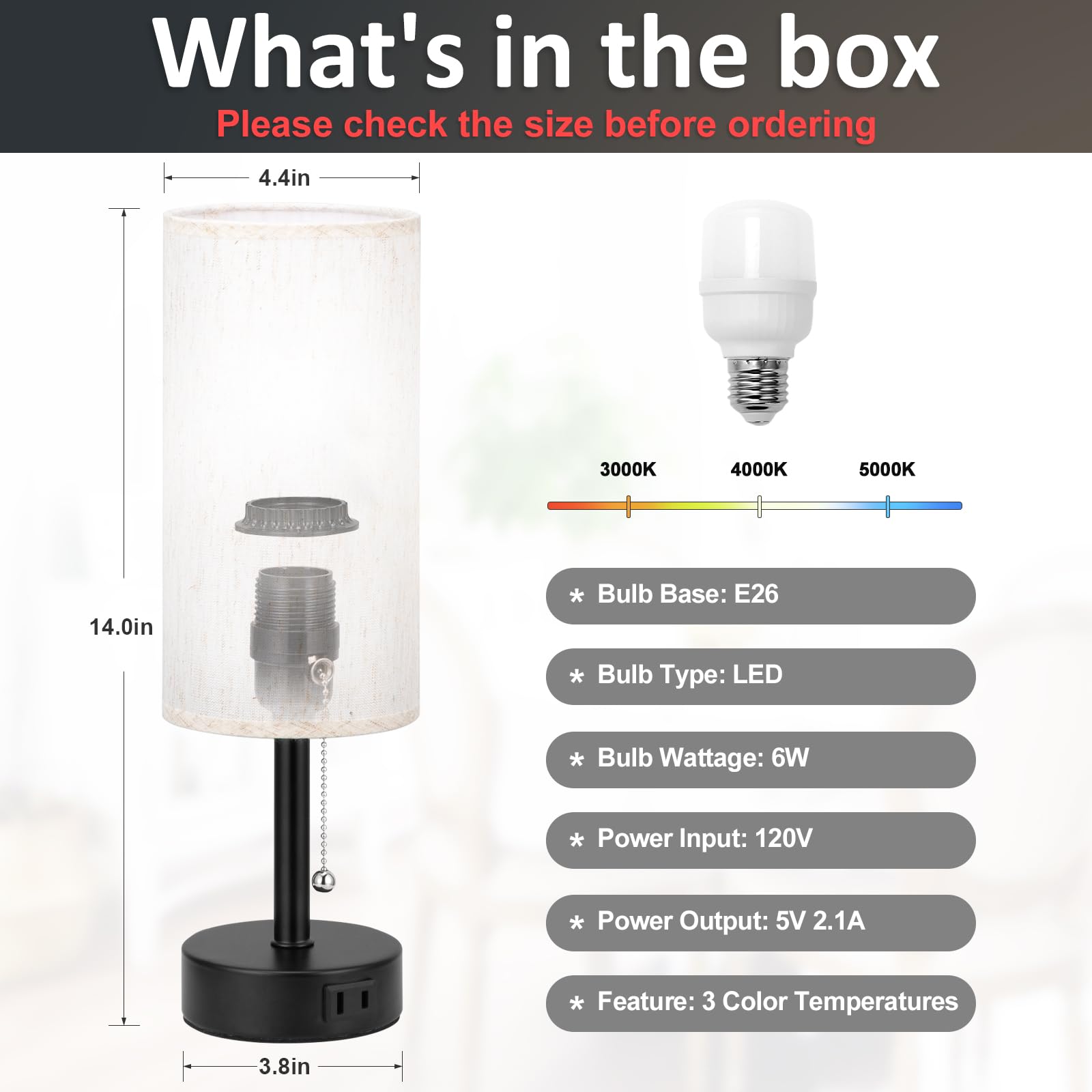 Bedside Table Lamp For Nightstand - 3 Color Temperatures Pull Chain Lamp With Ac Outlet Charging Port, Round Night Stand Lamp For Bedroom Living Room Guest Room, Small Bed Side Light With E26 Led Bulb