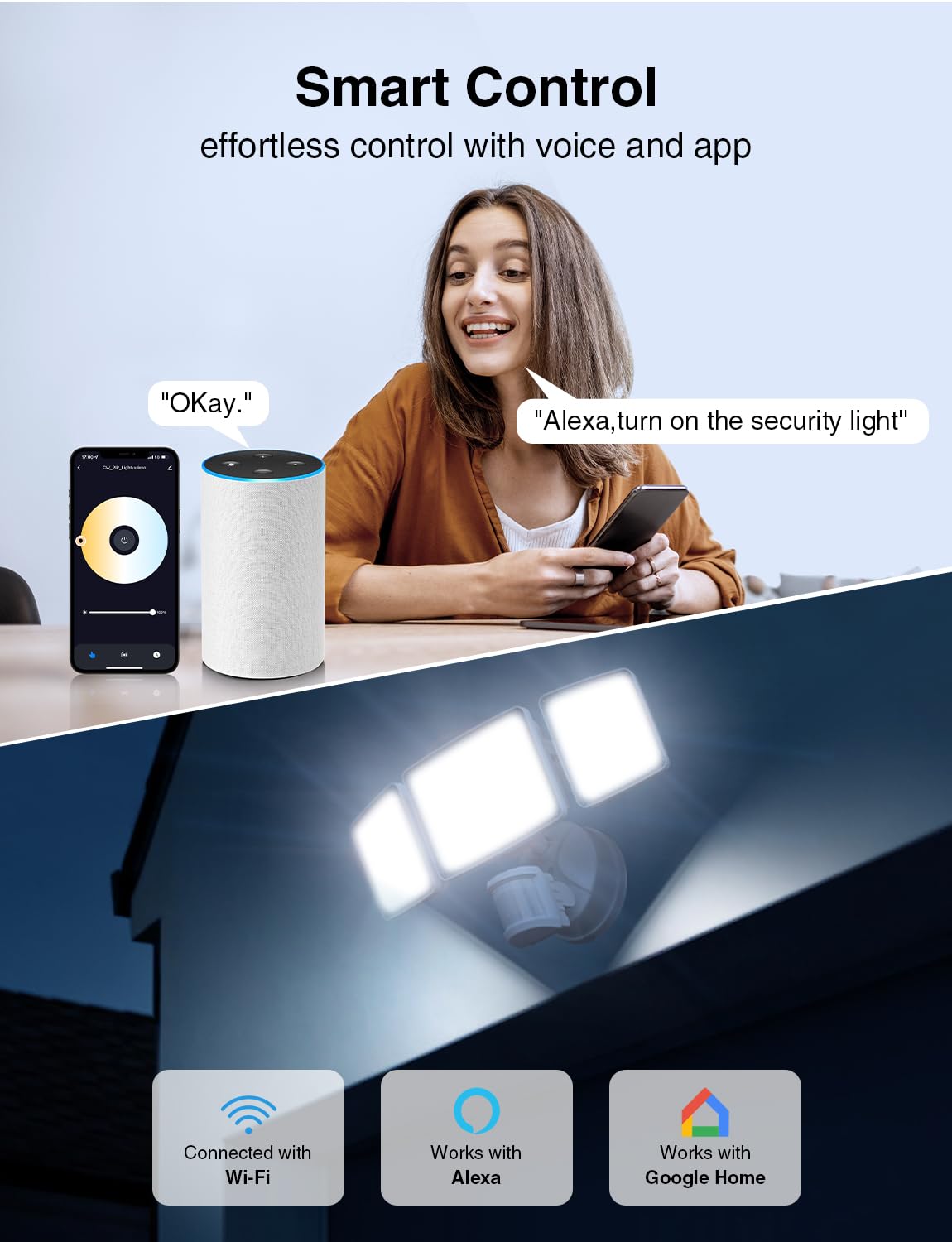 Onforu 100W Smart LED Security Light, 9000LM Motion Sensor, WiFi Alexa Control, Adjustable 3 Head, IP65 Waterproof, White