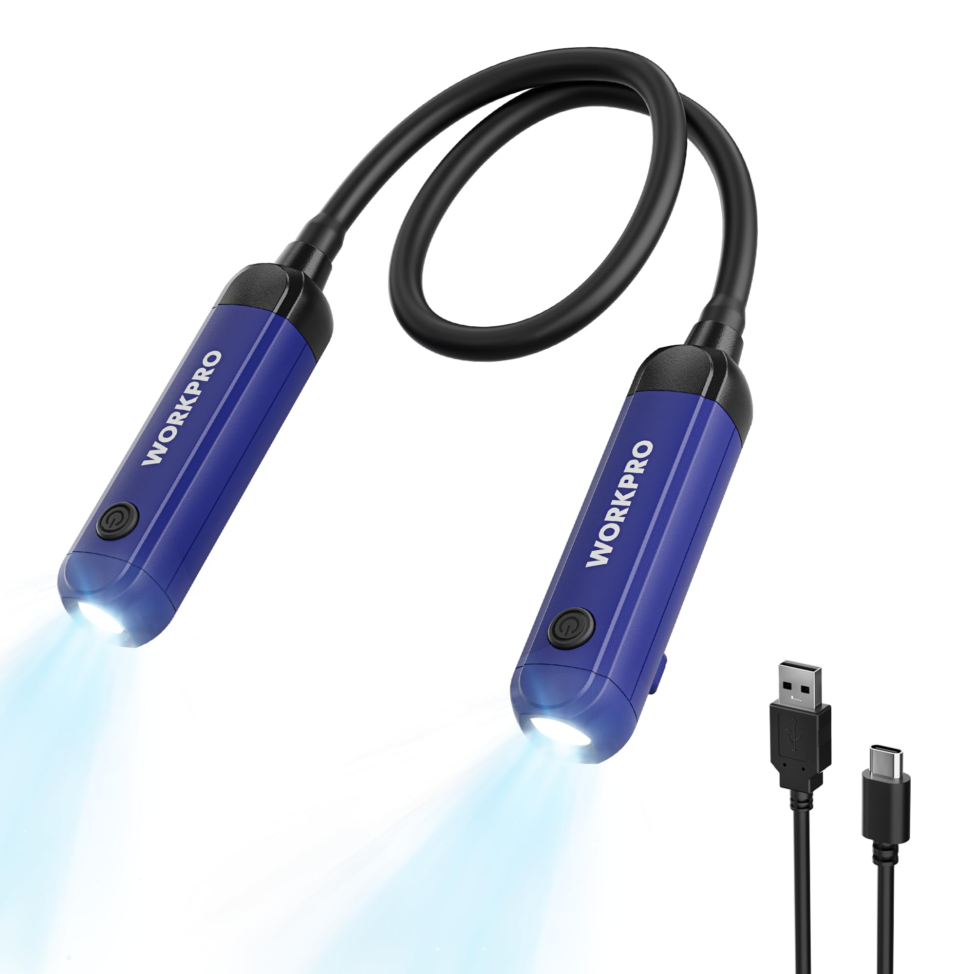 WORKPRO Rechargeable Neck Light, 300 Lumens, 3 Brightness Levels, Bendable Silicone Arm, Blue, Model W139033AF
