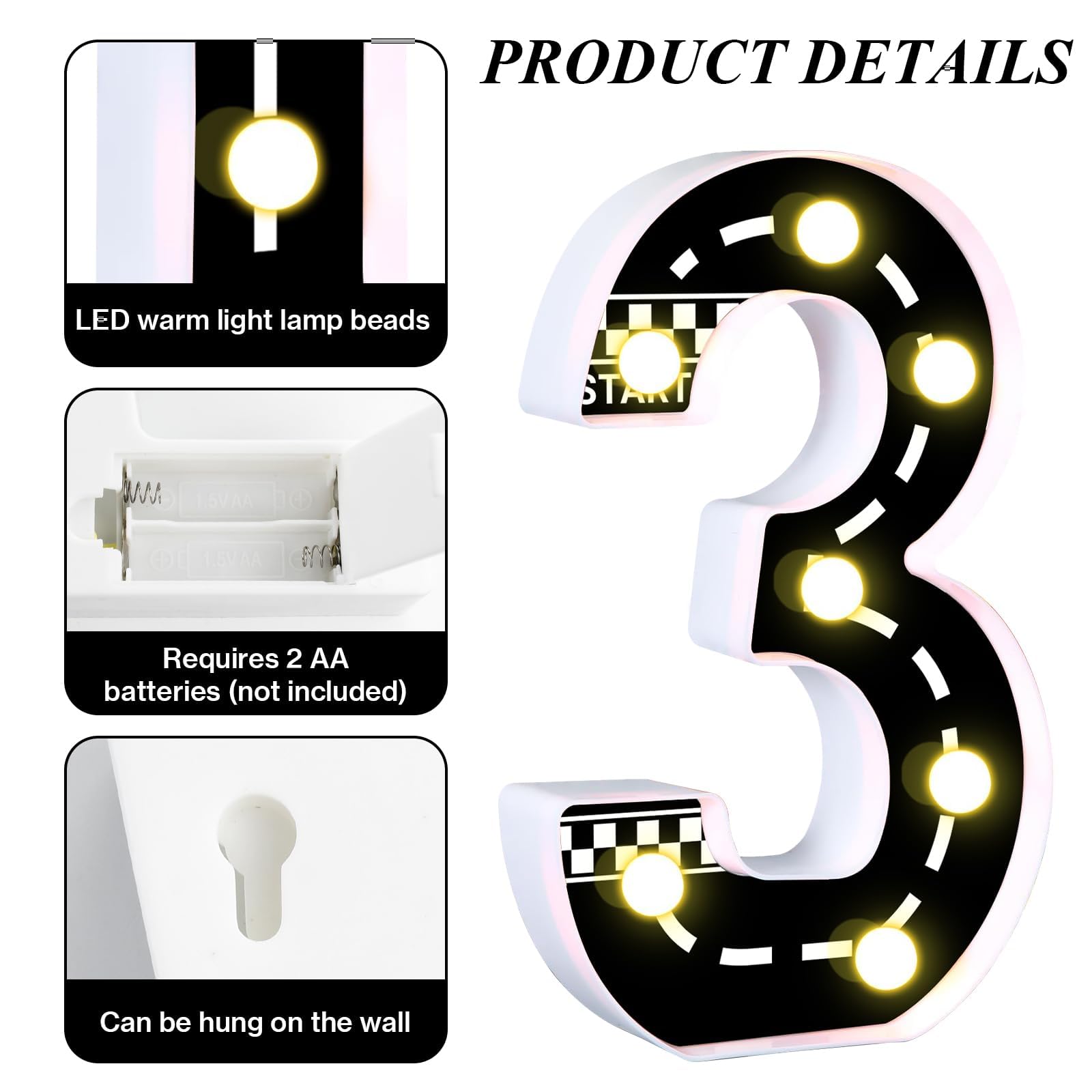 AXBMM Racing Car Light Up Sign - Checkered Birthday Decorations, Number 3, PP Plastic, White/Black, Model XY-300