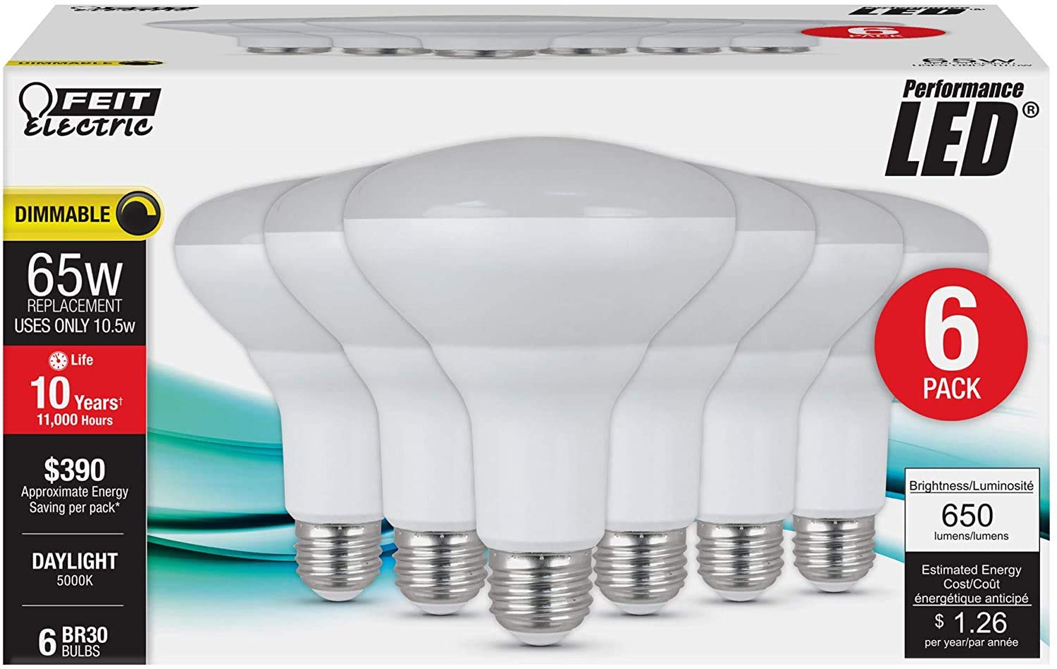Feit Electric BR30 LED Bulb, Dimmable, 50W Equivalent, E26 Base, 6 Count, Model BR30DM/850/10KLED/6