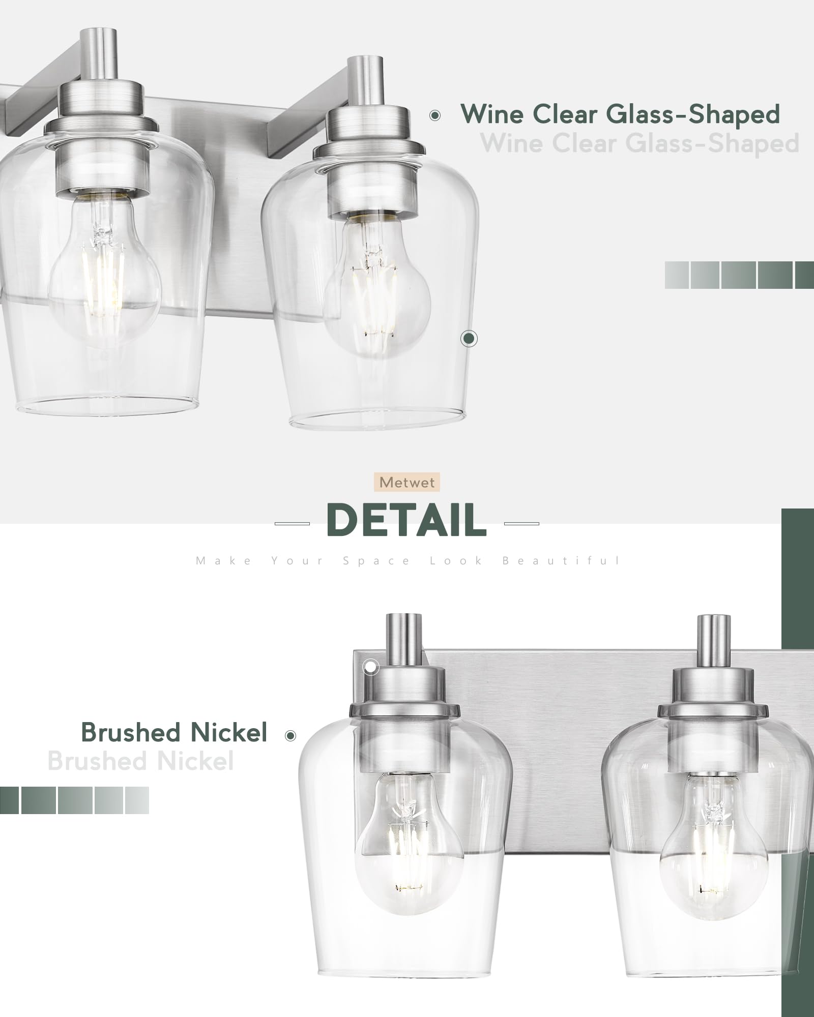 METWET 3-Light Bathroom Vanity Light Fixture, Brushed Nickel, Clear Glass Wine Glass Shade, Model VL155-BN-3