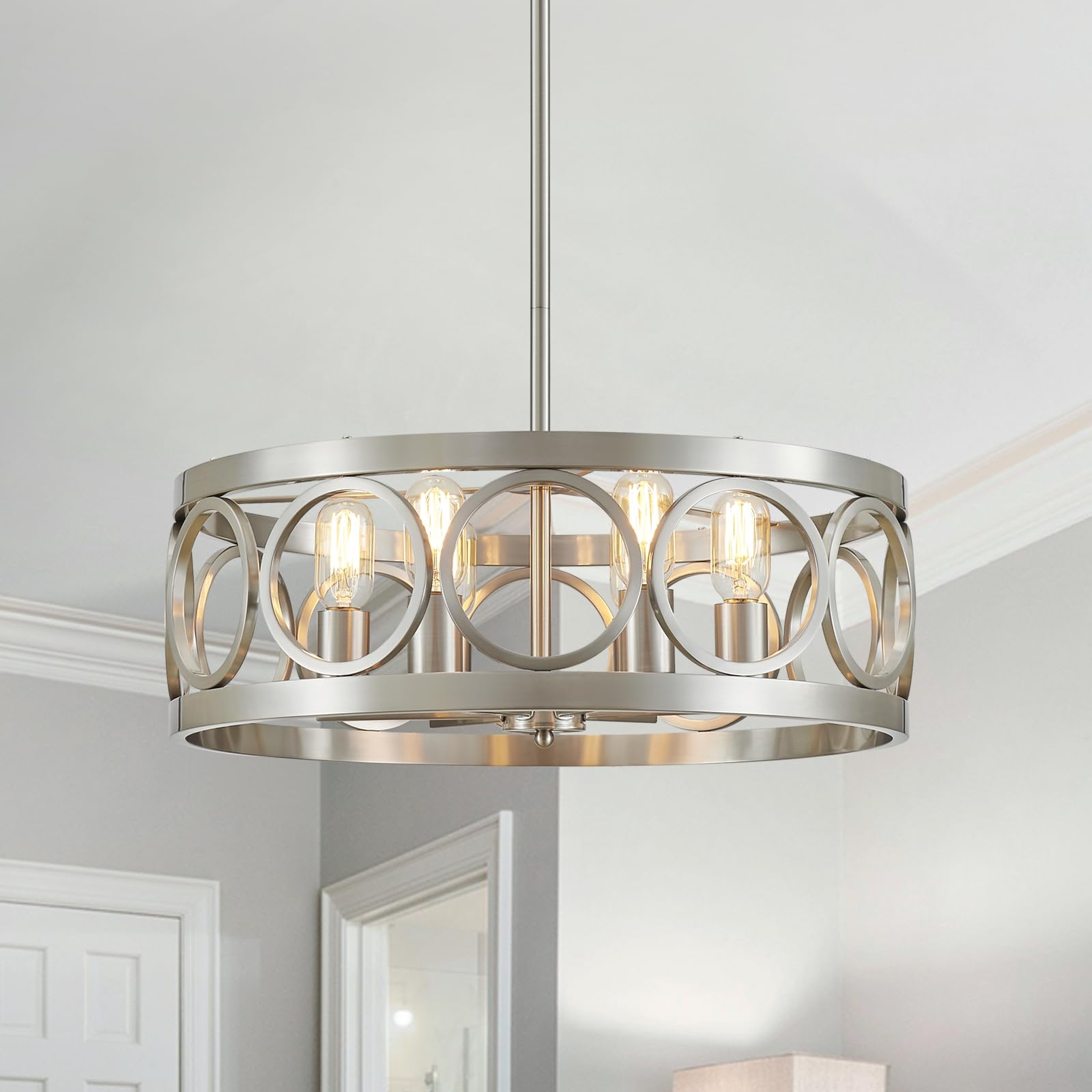 XINGQI 6-Light Modern Farmhouse Chandelier Brushed Nickel, 21.7 Drum Ceiling Light Fixture for Living Dining Room Over Table w