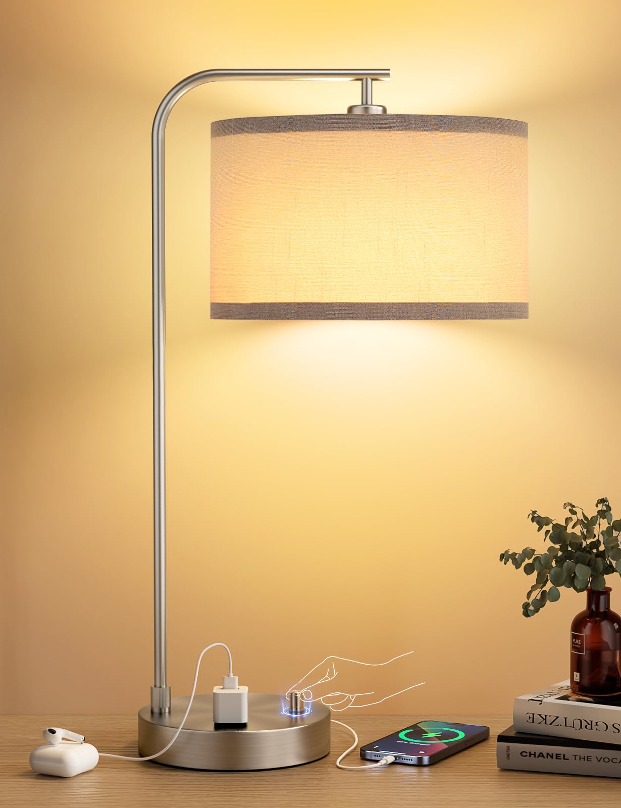 Innqoo Gray Side Table Lamp with USB Port, Dimmable, Fabric Shade, 11.6 x 20.7 x 9.3 inches