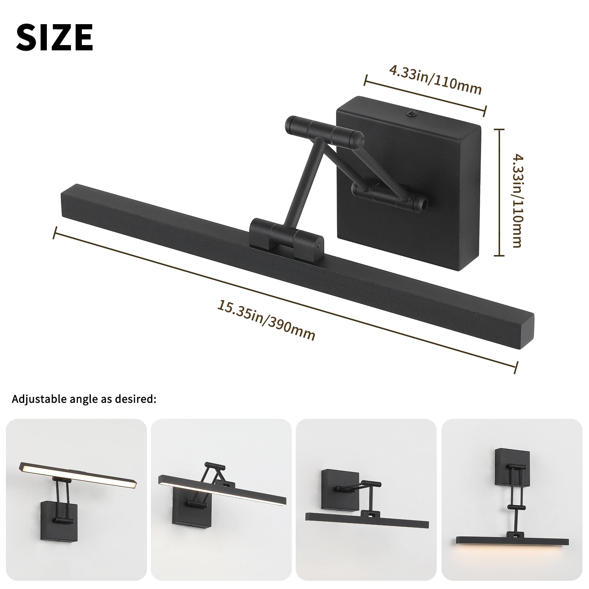 Pasoar Hard-Wired Picture Light Dimmable Led Picture Lights For Paintings 15.7" Inch Black Metal Body Wall Pictures With Adjustable Swing Arm Art Display Lamps 7W 3000K Warm White Book Light