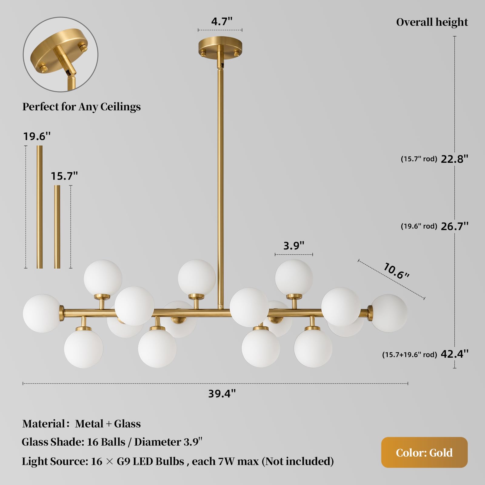 ALIYIQI Mid Century Modern Sputnik Chandelier, 16-Light Linear Fixture, Brass & Milky White Glass, Ideal for Dining Room & Kitchen Island