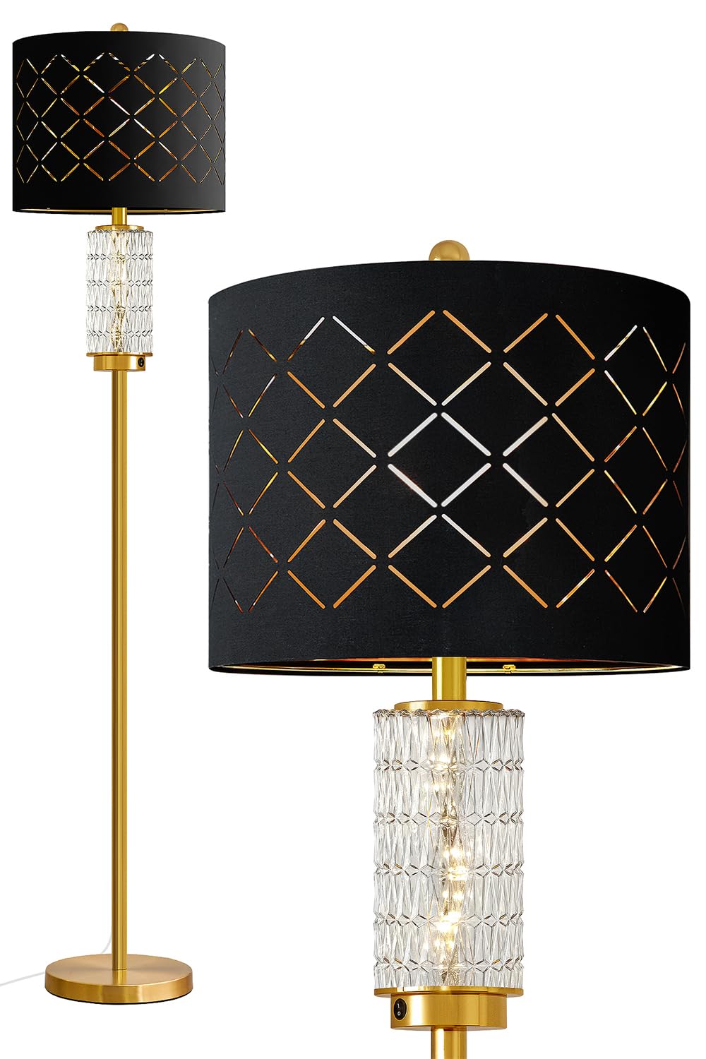 Oneach 63.75'' Floor Lamp For Living Room, Modern Gold Lamp With Led Glass Night Light, Vintage Standing Lamp With Black Drum La