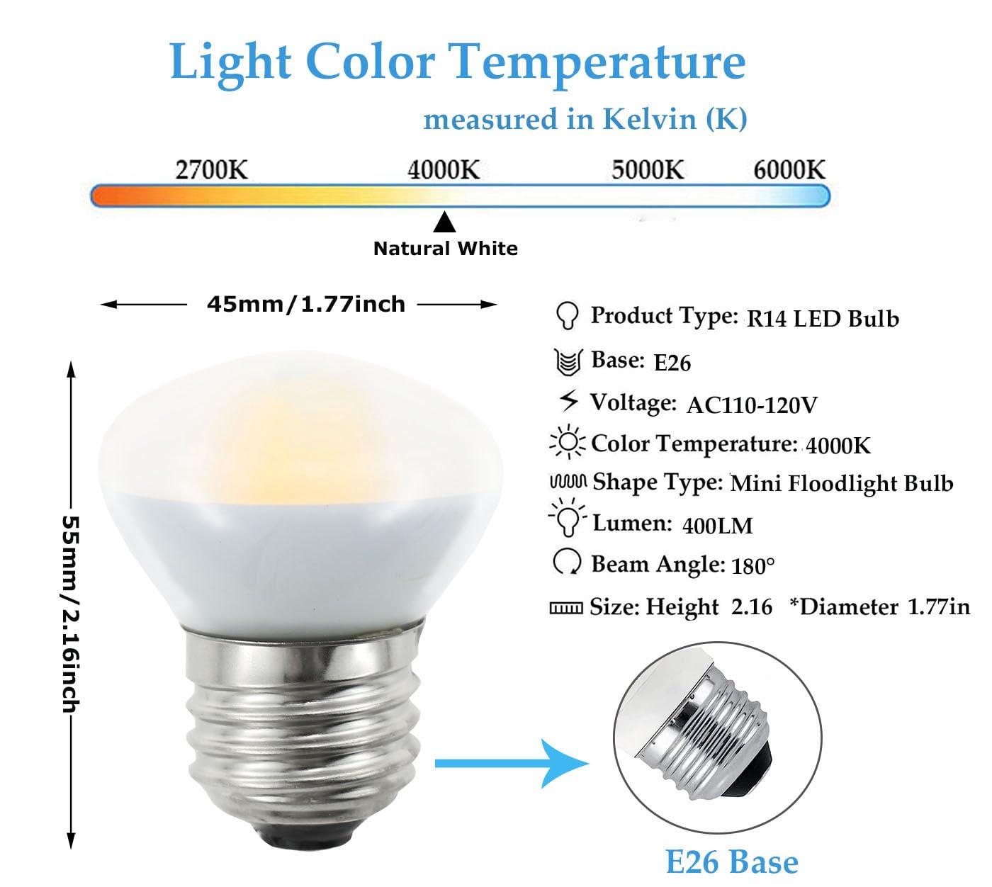 Greeogin R14 Led Bulb 4W(40W Equivalent) Mini Reflector Flood Light Bulbs 4000K Natural White, Curio Cabinet Light Bulb, Non-Dim