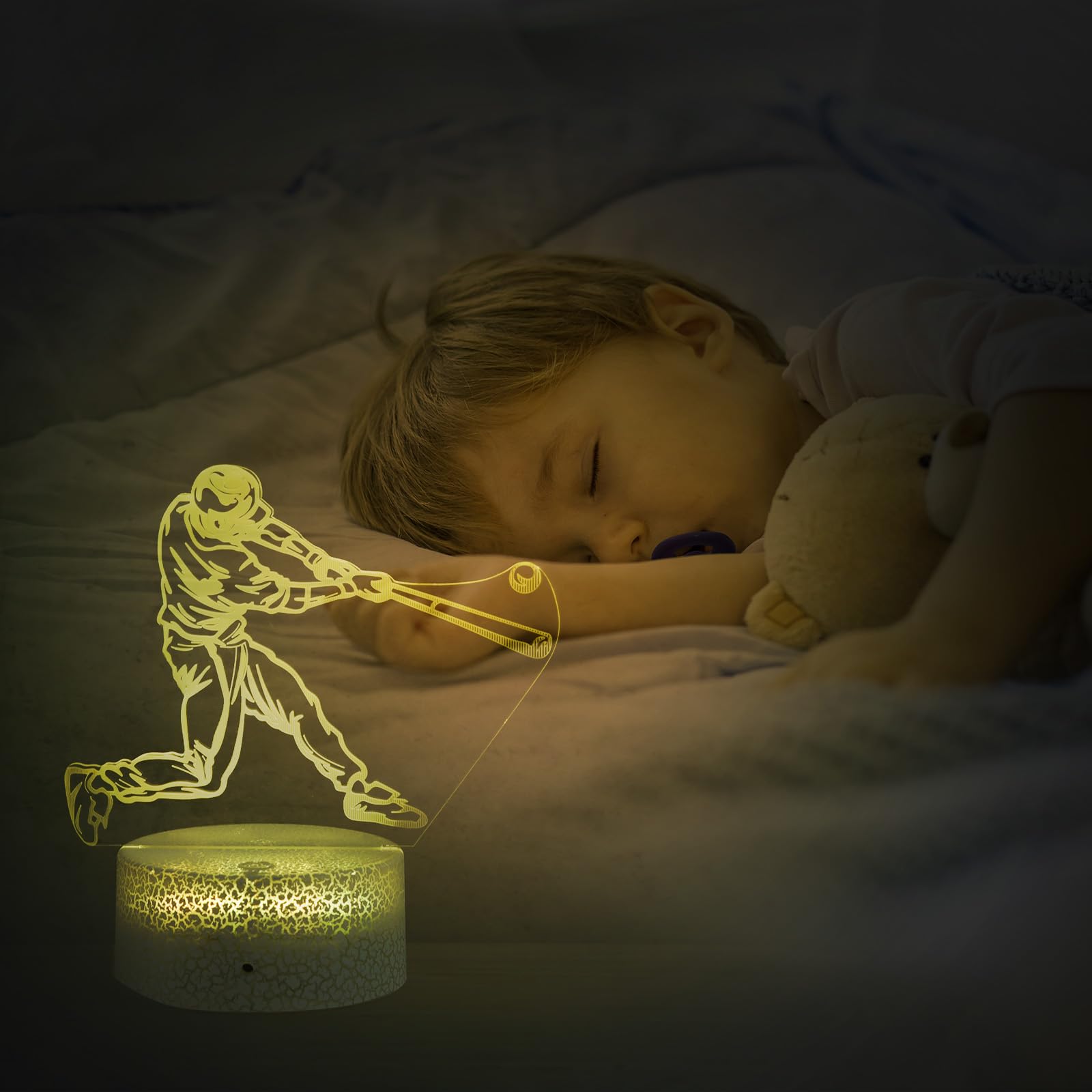 Caloogn Baseball Man 3D Night Light For Kids For Teens Boys Girls Birthday Christmas Gift,With Smart Touch And Remote Control,Mu