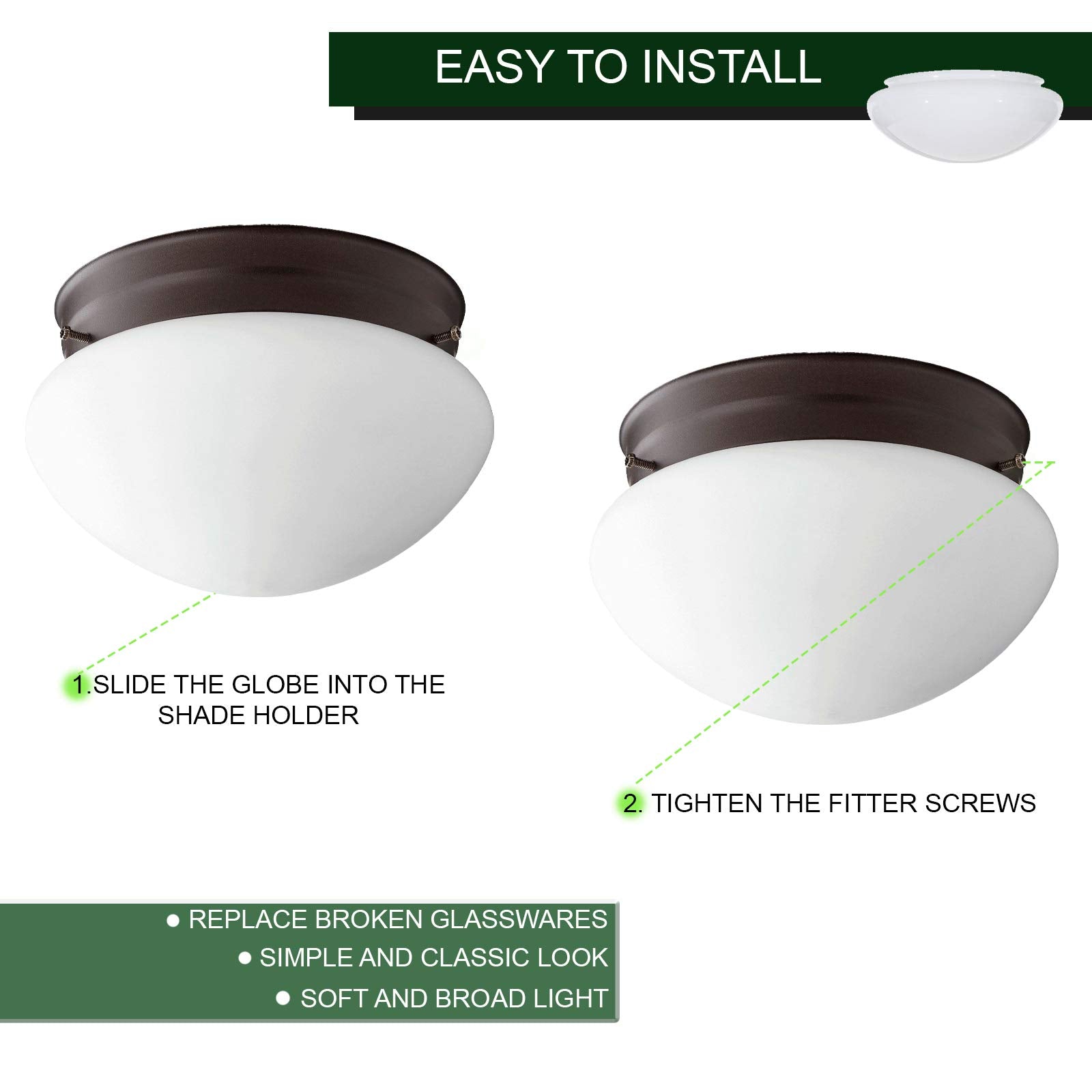 DYSMIO 8-Inch White Classic Globe Replacement Shade for Pendant & Fan Light, Fitter Size 7-1/2 inches, Ideal for Bathroom Lighting