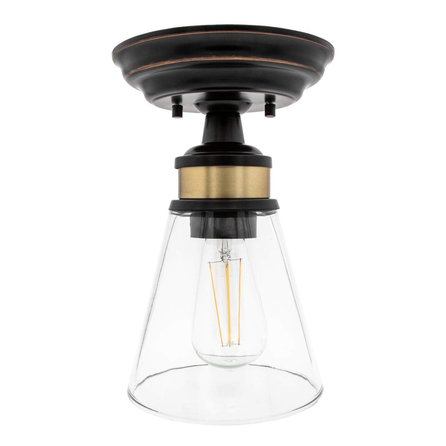 Maxxima 9'' Led Semi-Flush Mount Glass Ceiling Light Fixture W/ St19 Edison Bulb, Black W/Bronze Trim Fixture, Hallway, Stairway