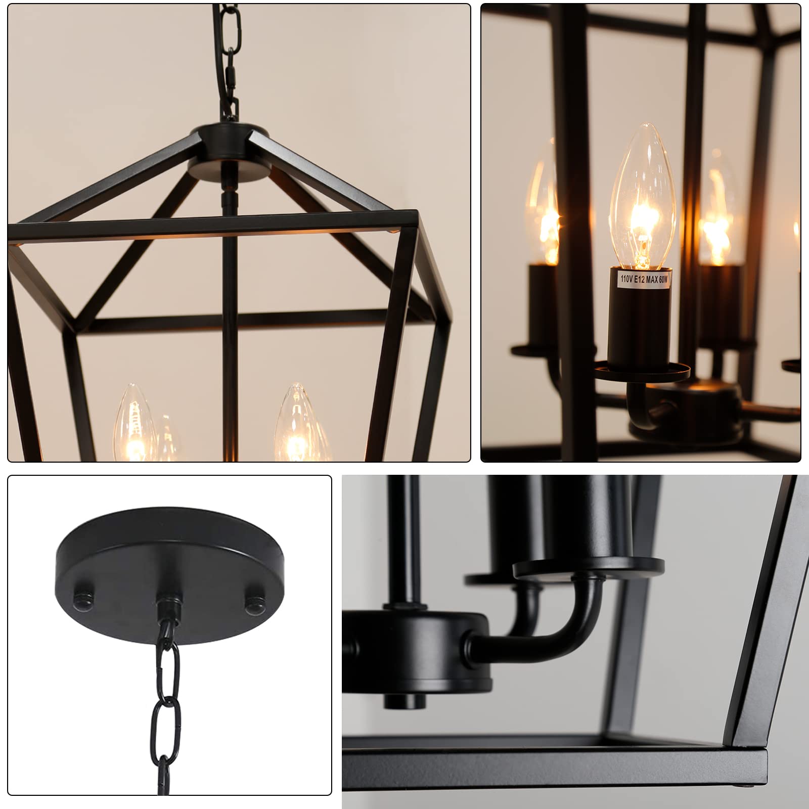 Telafly 4-Light Lantern Pendant Light,Modern Industrial Black Cage Farmhouse Chandelier For Kitchen Island,12'' Rustic Metal Han