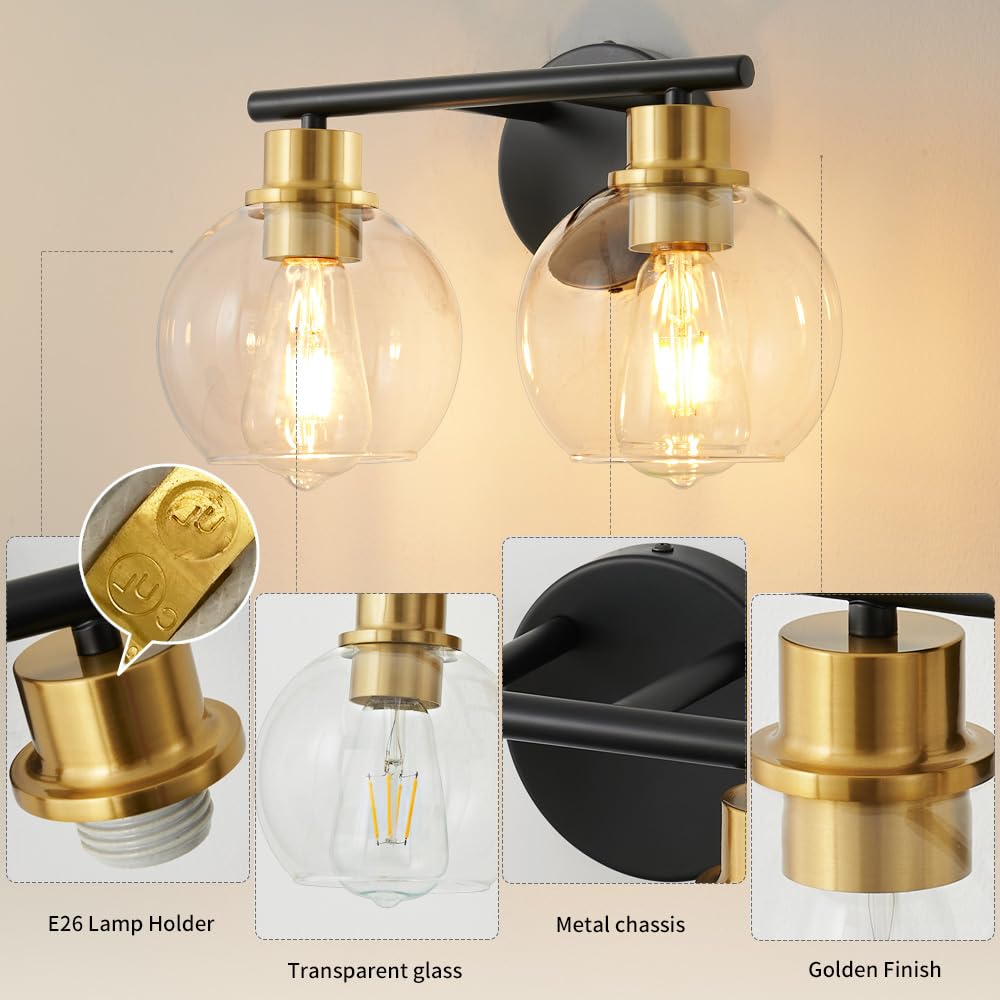 Lanmate 2-Light Bathroom Light Fixtures Black And Gold Vanity Light 13.8 Inch Bathroom Lights Over Mirror With Clear Glass Globe