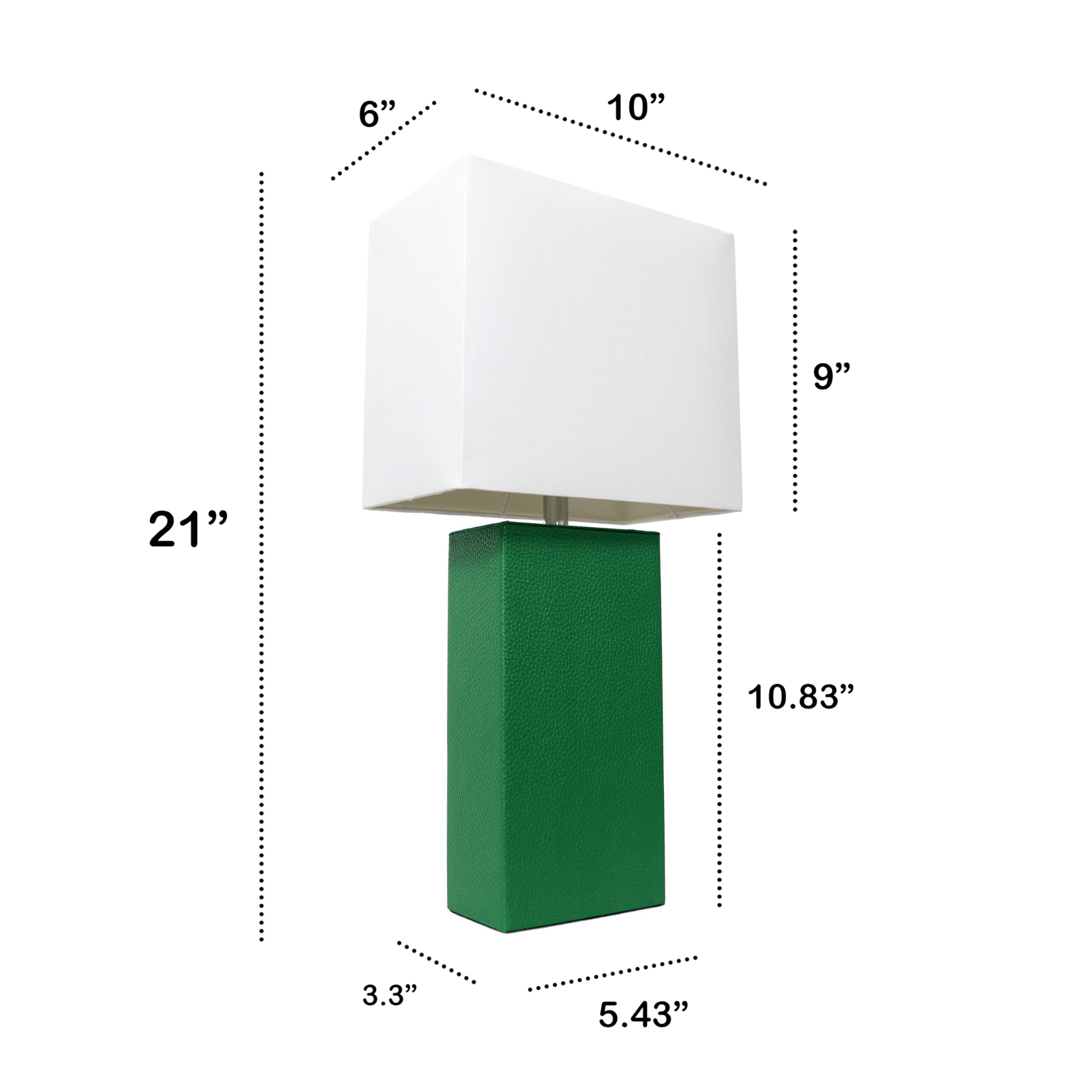 LALIA HOME Modern Bedside Table Lamp, 21in, Leather Base, White Fabric Shade, Green, Model LHT-3008