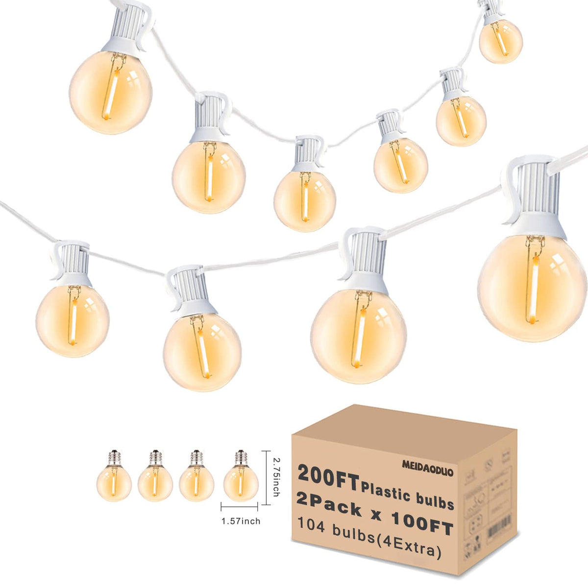 Meidaoduo White String Lights Outdoor 200Ft Led Globe G40 Patio Lights For Outside With 104 Shatterproof Bulbs Bistro Lights For
