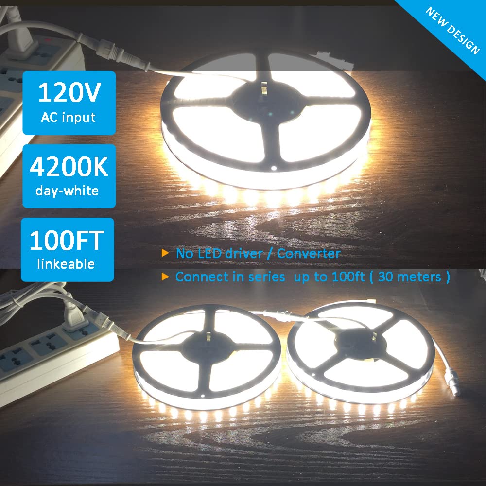 120V Dimmable Led Strip Lights 4200K Daylight, Work With Smart Plug,110V Dimming By Wall Dimmer, No Driver Need, Waterproof Ip65