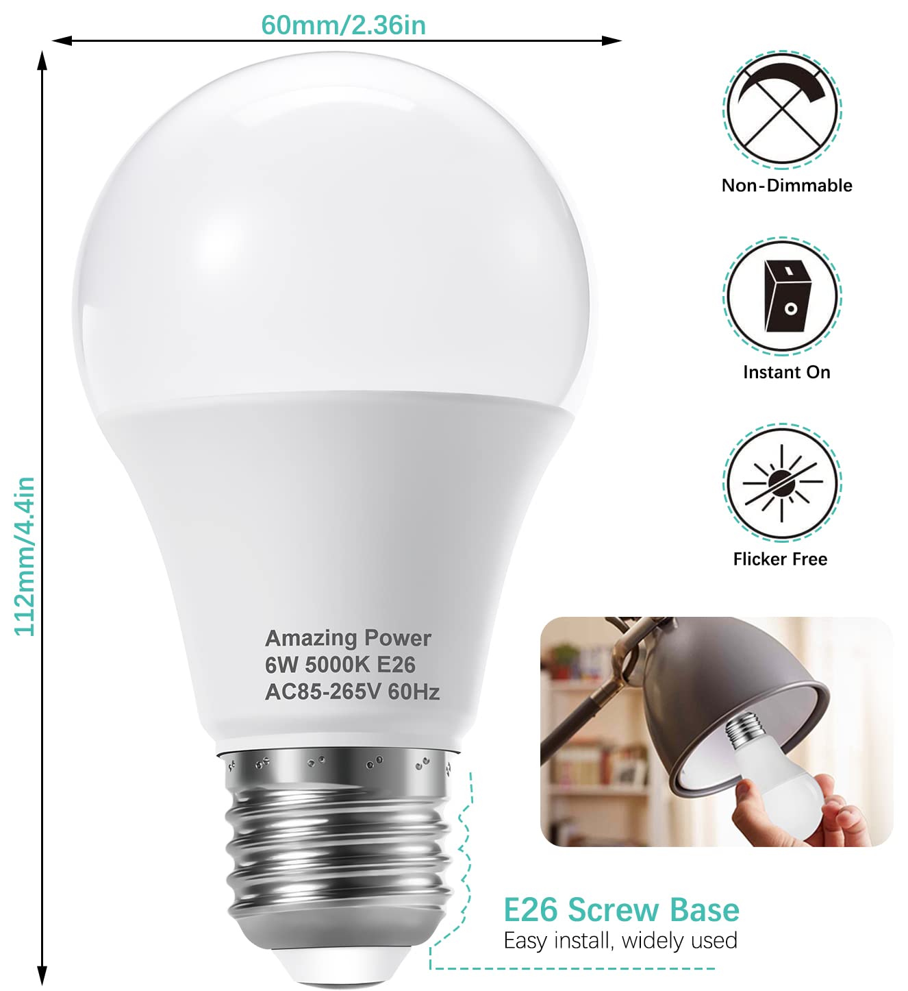 Amazing Power E26 Led Bulb, 40W Equivalent Medium Base Light Bulb, Non-Dimmable, Daylight White 5000K, 6W Bright White Led Bulbs